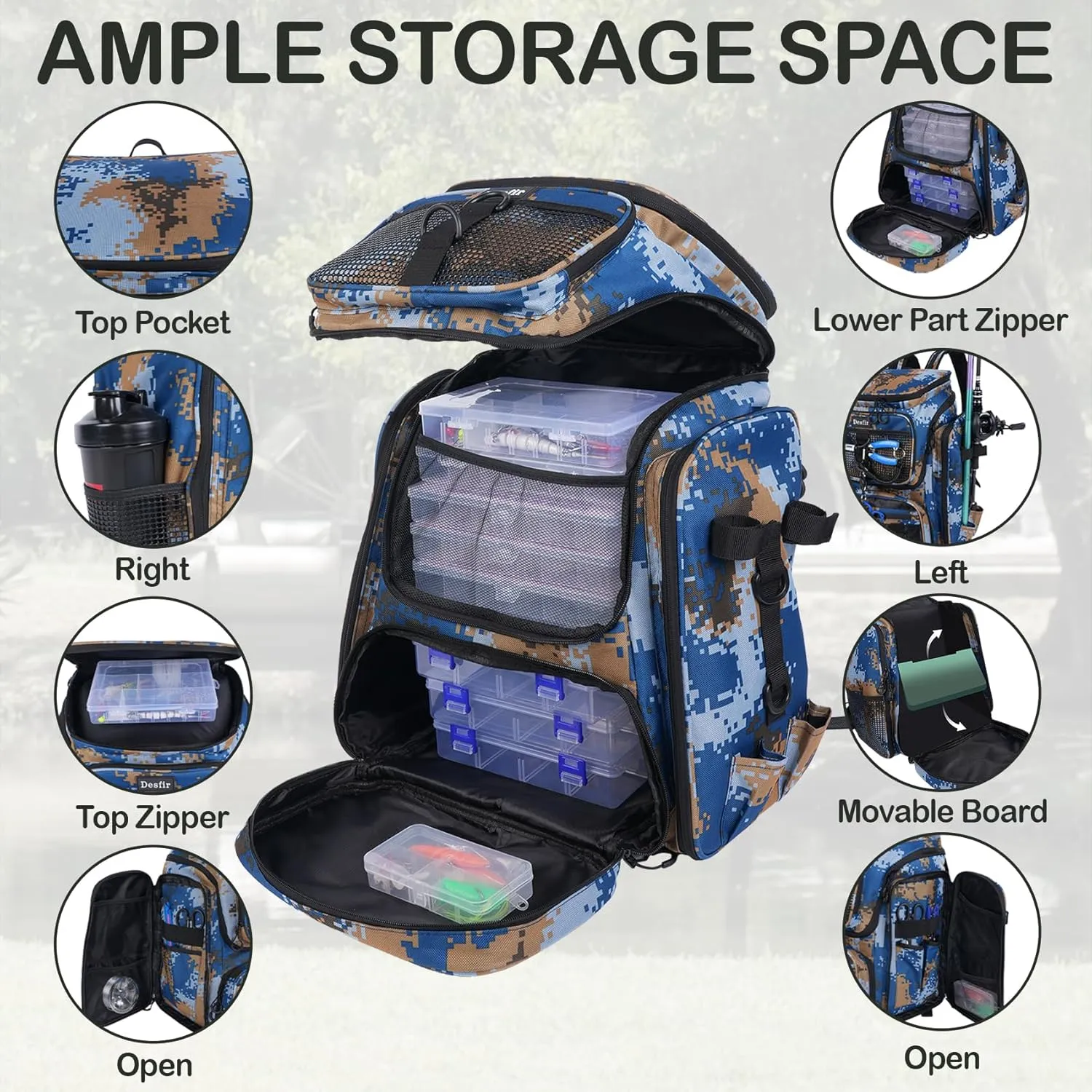 50L Fishing Backpack with Dedicated Rod Compartment Holders, Water-resistant Large Tackle Storage Bag for Saltwater Bass Fishing, Heavy Duty Outdoor Gear Backpack for Men