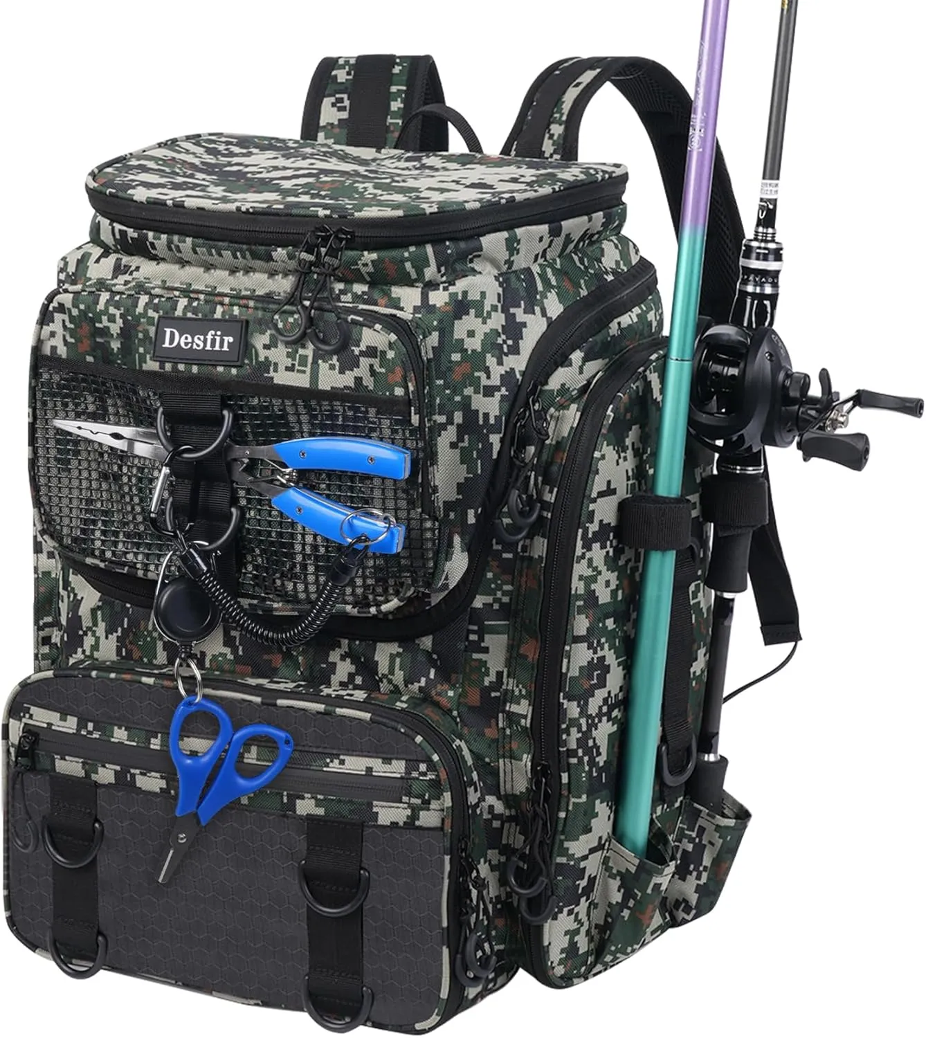 50L Fishing Backpack with Dedicated Rod Compartment Holders, Water-resistant Large Tackle Storage Bag for Saltwater Bass Fishing, Heavy Duty Outdoor Gear Backpack for Men