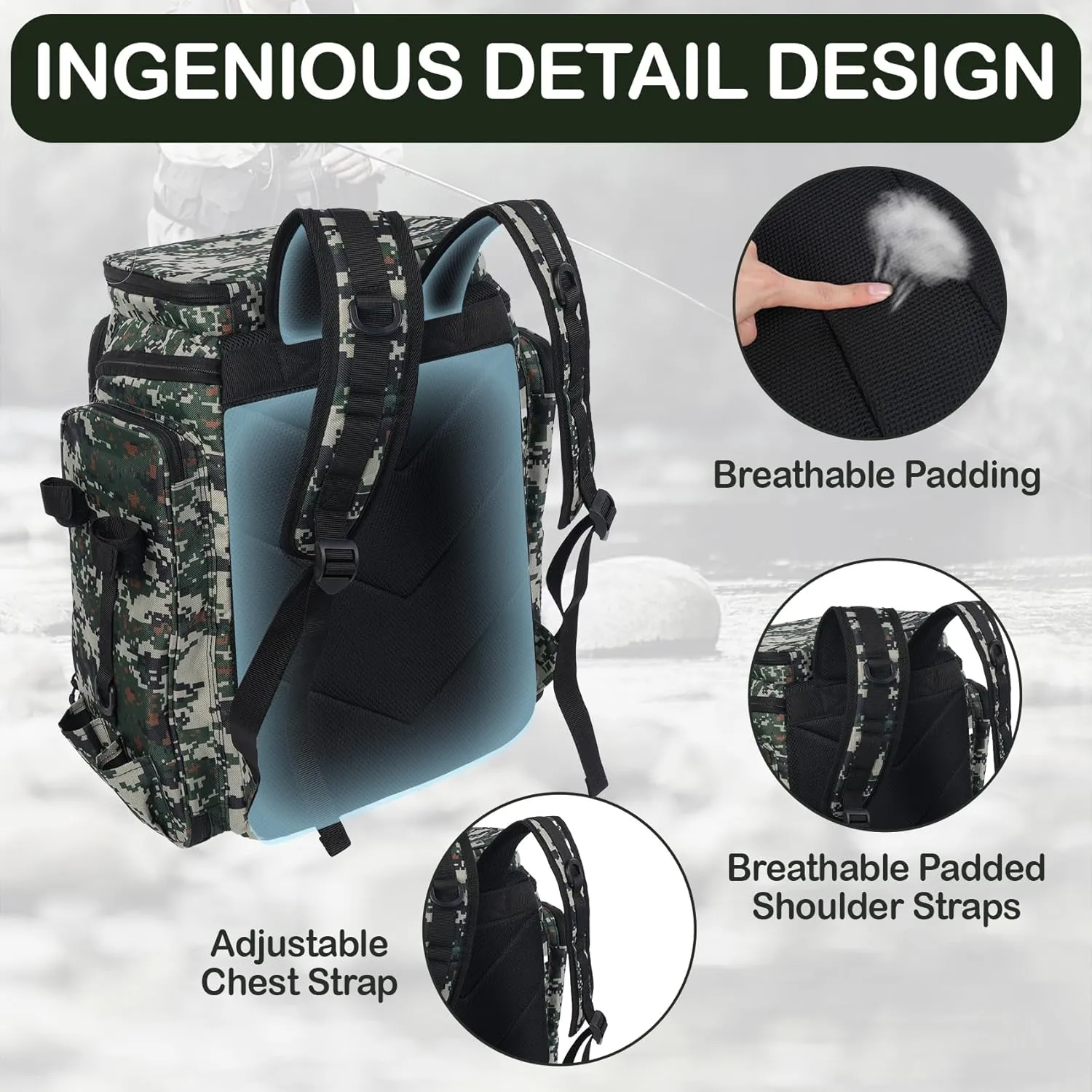 50L Fishing Backpack with Dedicated Rod Compartment Holders, Water-resistant Large Tackle Storage Bag for Saltwater Bass Fishing, Heavy Duty Outdoor Gear Backpack for Men