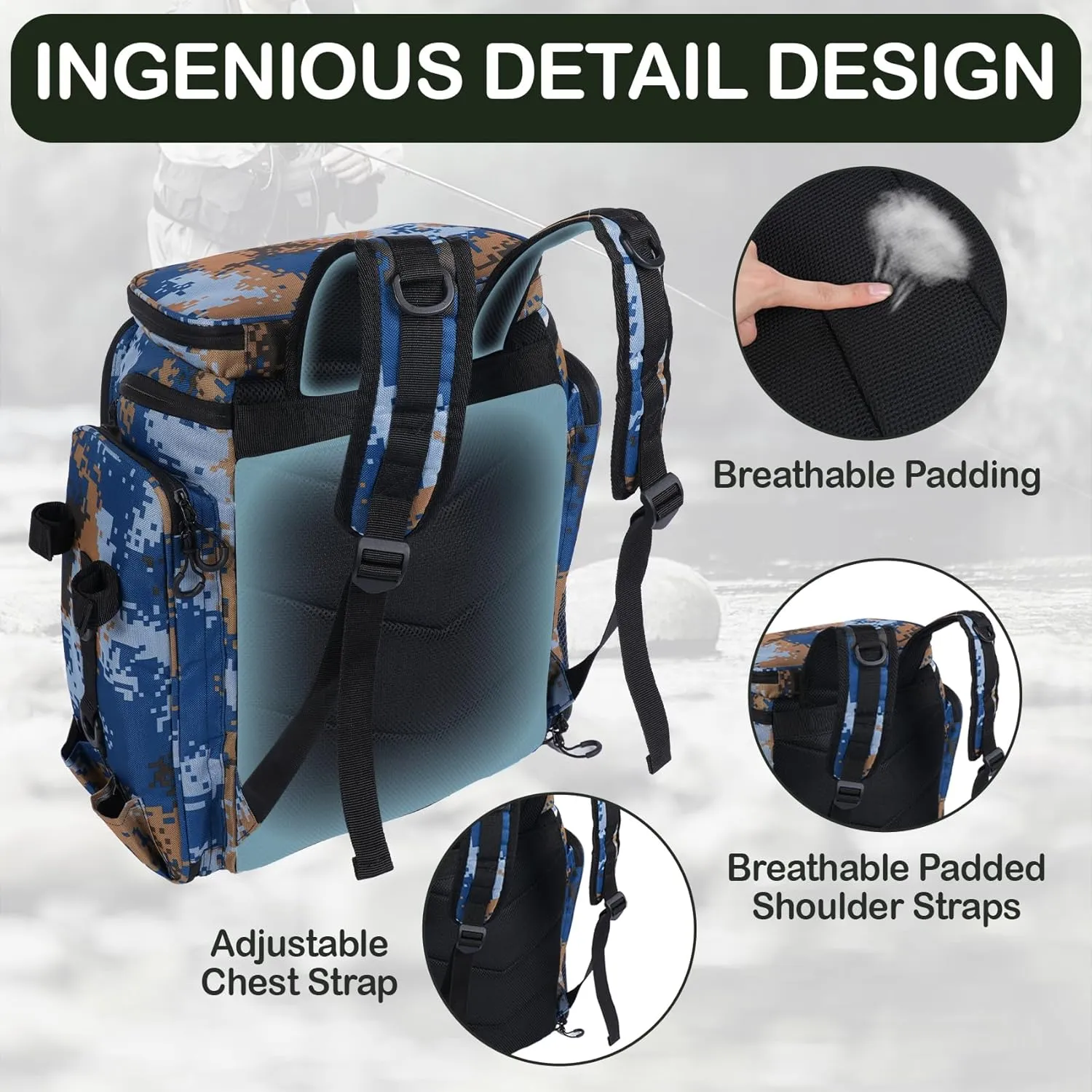 50L Fishing Backpack with Dedicated Rod Compartment Holders, Water-resistant Large Tackle Storage Bag for Saltwater Bass Fishing, Heavy Duty Outdoor Gear Backpack for Men