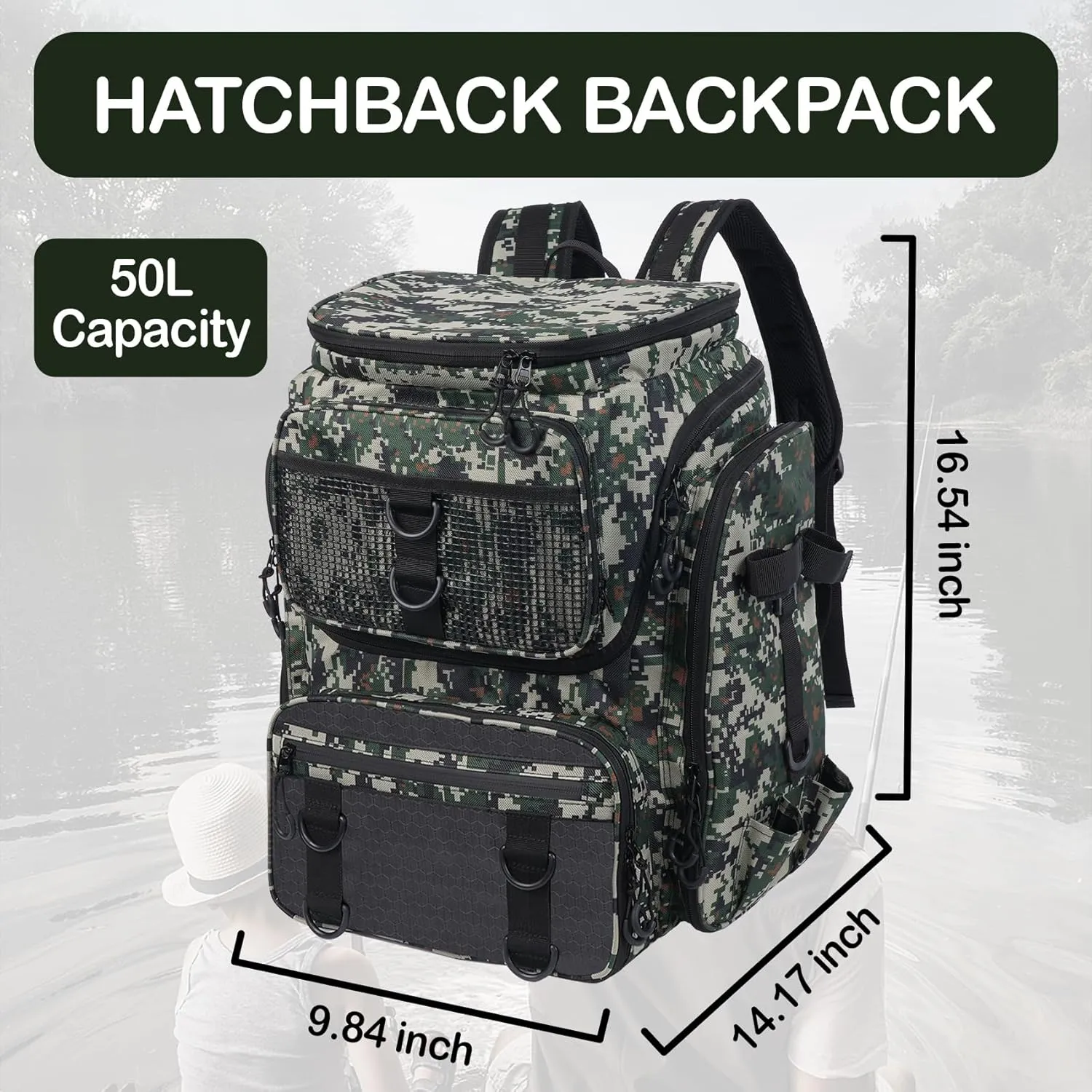 50L Fishing Backpack with Dedicated Rod Compartment Holders, Water-resistant Large Tackle Storage Bag for Saltwater Bass Fishing, Heavy Duty Outdoor Gear Backpack for Men
