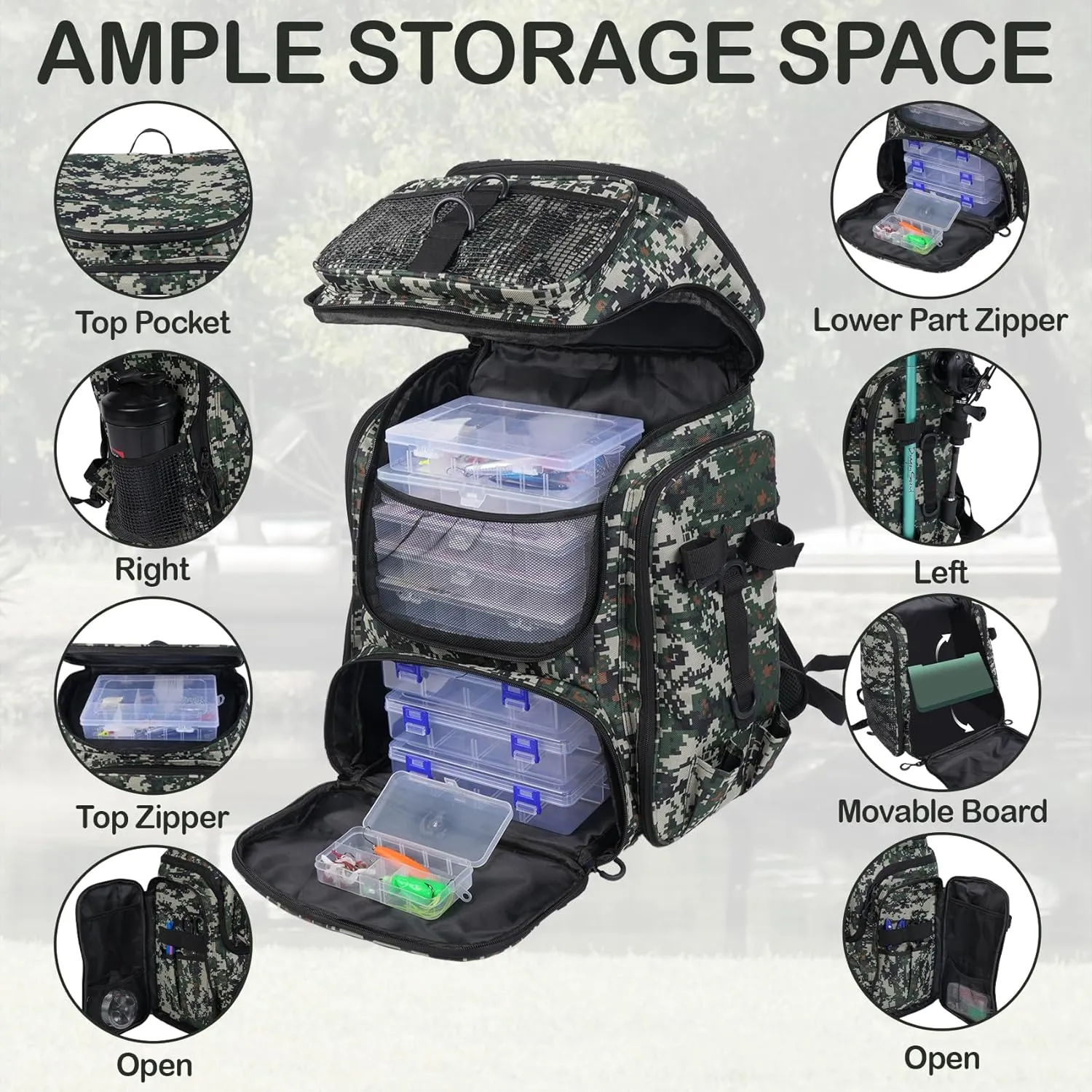 50L Fishing Backpack with Dedicated Rod Compartment Holders, Water-resistant Large Tackle Storage Bag for Saltwater Bass Fishing, Heavy Duty Outdoor Gear Backpack for Men
