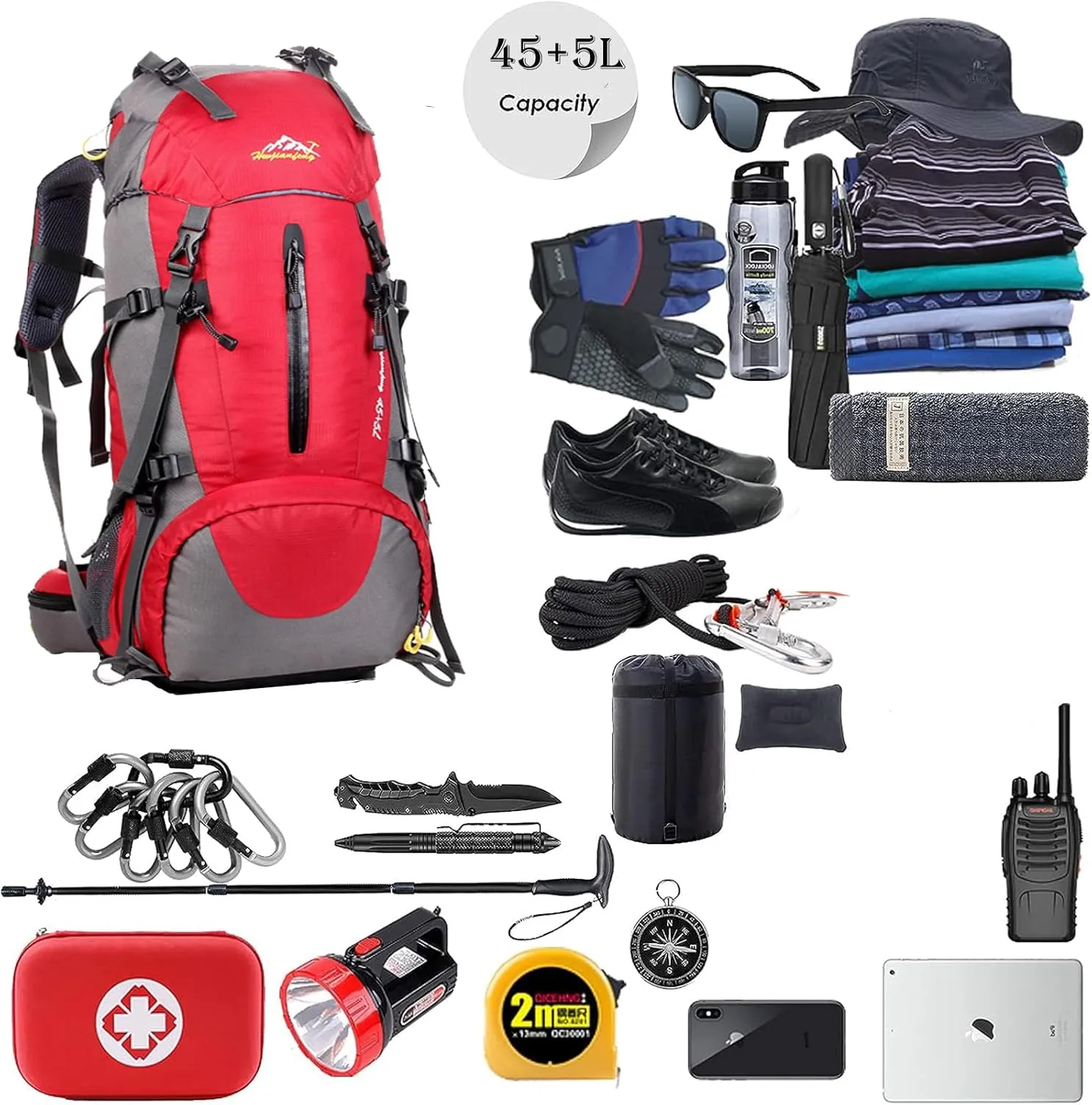 50L Hiking Backpack Waterproof Lightweight With Rain Cover,Outdoor Sport Daypack For Men Women Climbing Camping Touring