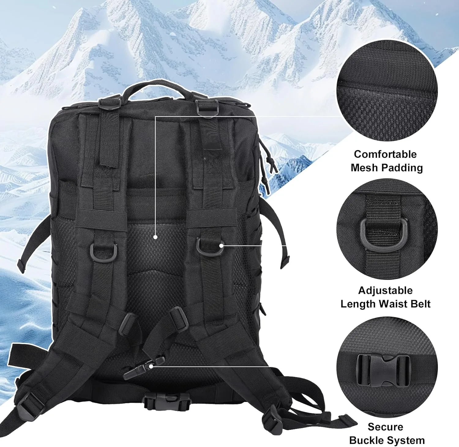50L Large Military Tactical Backpack Molle Army Assault Pack for Travel Camping Hiking Fishing Backpack for men(black)