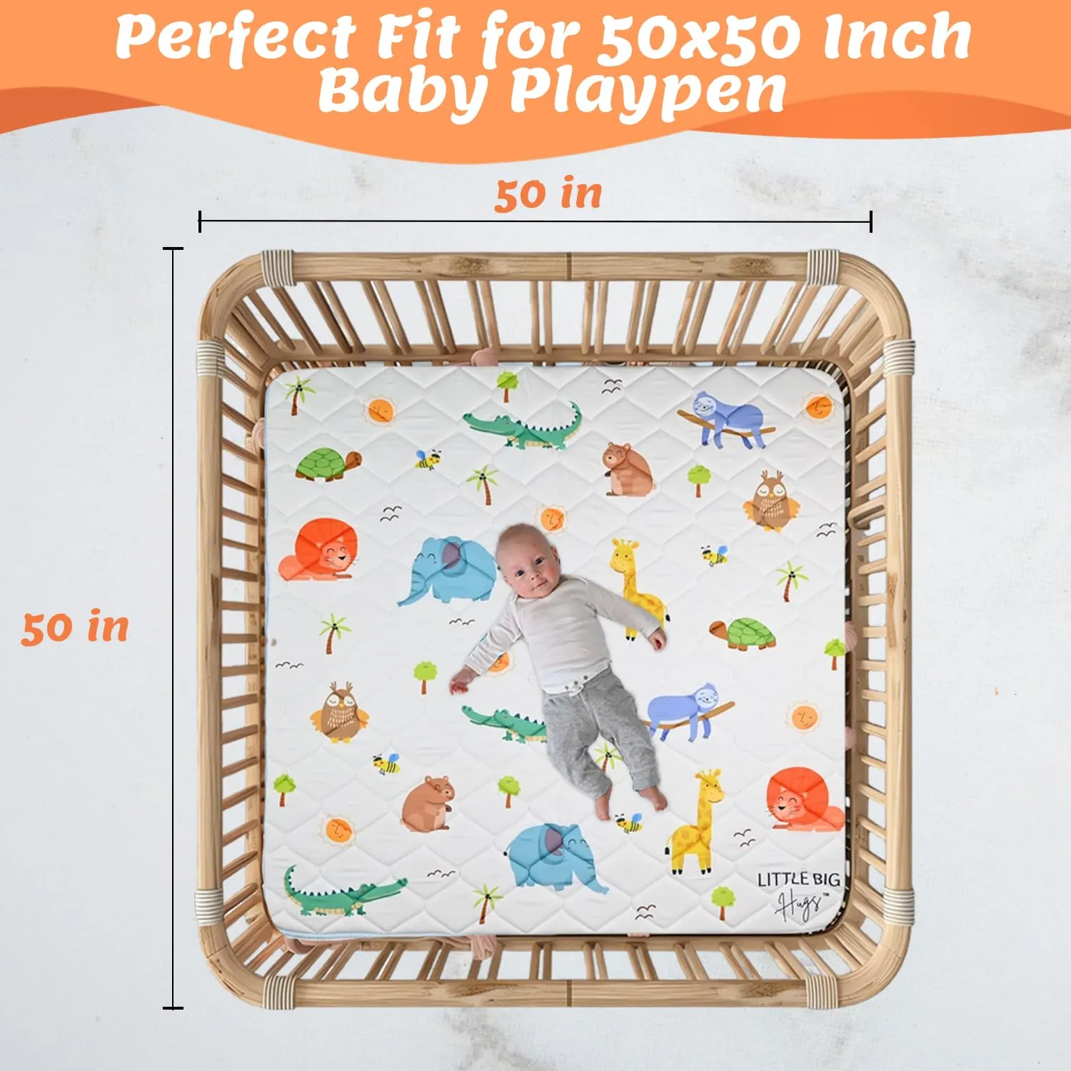 50”x50” Baby Play Mat for Floor – Soft & Thick Cushion Padded Foldable Baby Crawling Mat for Floor Activity – Non-Slip, Machine Washable, Non-Toxic Playpen Mat for Infants, Babies & Toddlers - Animal