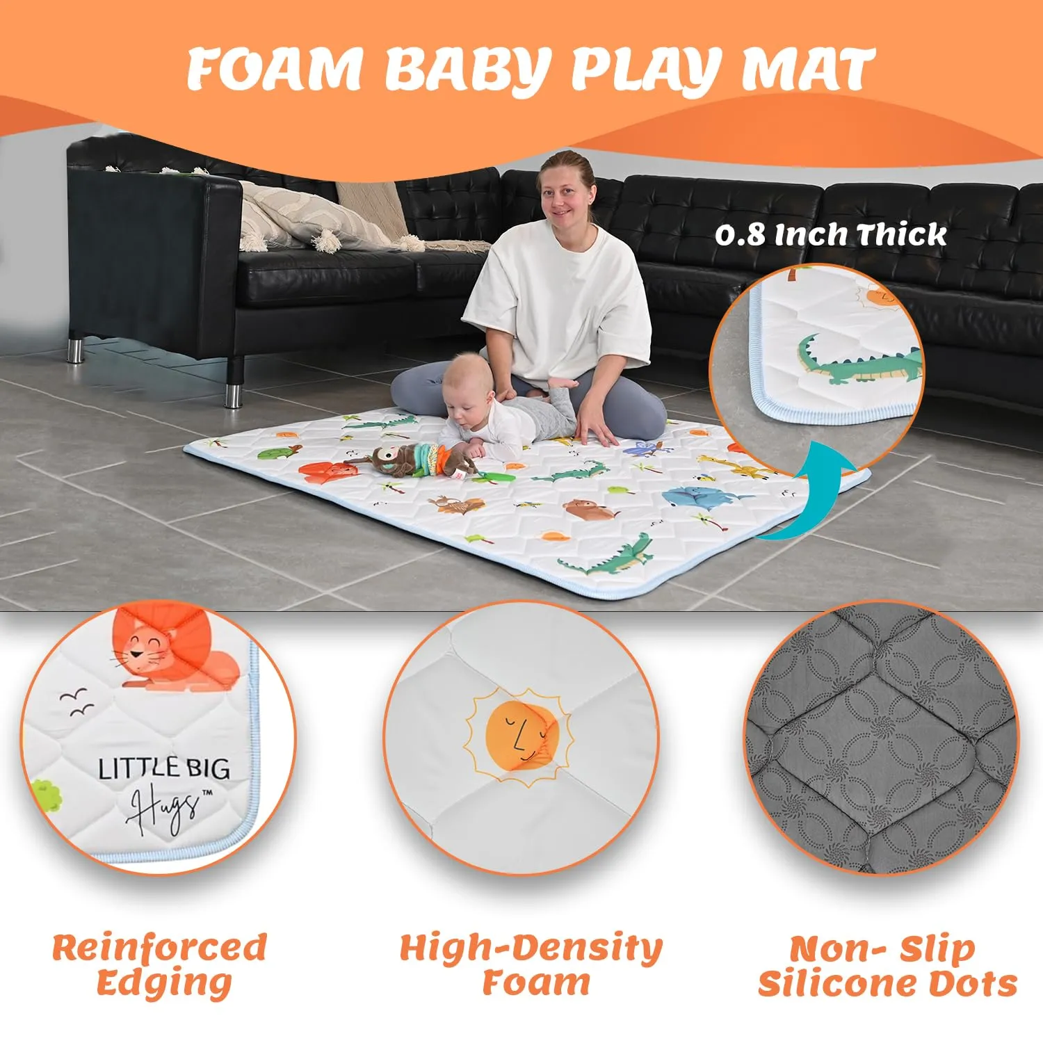 50”x50” Baby Play Mat for Floor – Soft & Thick Cushion Padded Foldable Baby Crawling Mat for Floor Activity – Non-Slip, Machine Washable, Non-Toxic Playpen Mat for Infants, Babies & Toddlers - Animal
