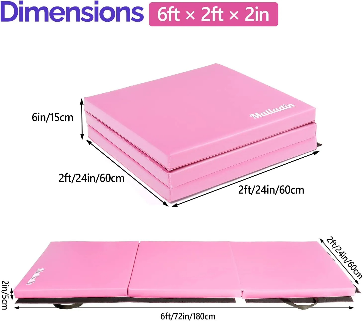 6' Folding Tri-fold Gymnastics Gym Exercise Aerobics Mat, 6ft x 2ft x 2in PU Leather Tumbling Mats with Hook & Loop Fastener for Stretching Yoga Cheerleading Martial Arts