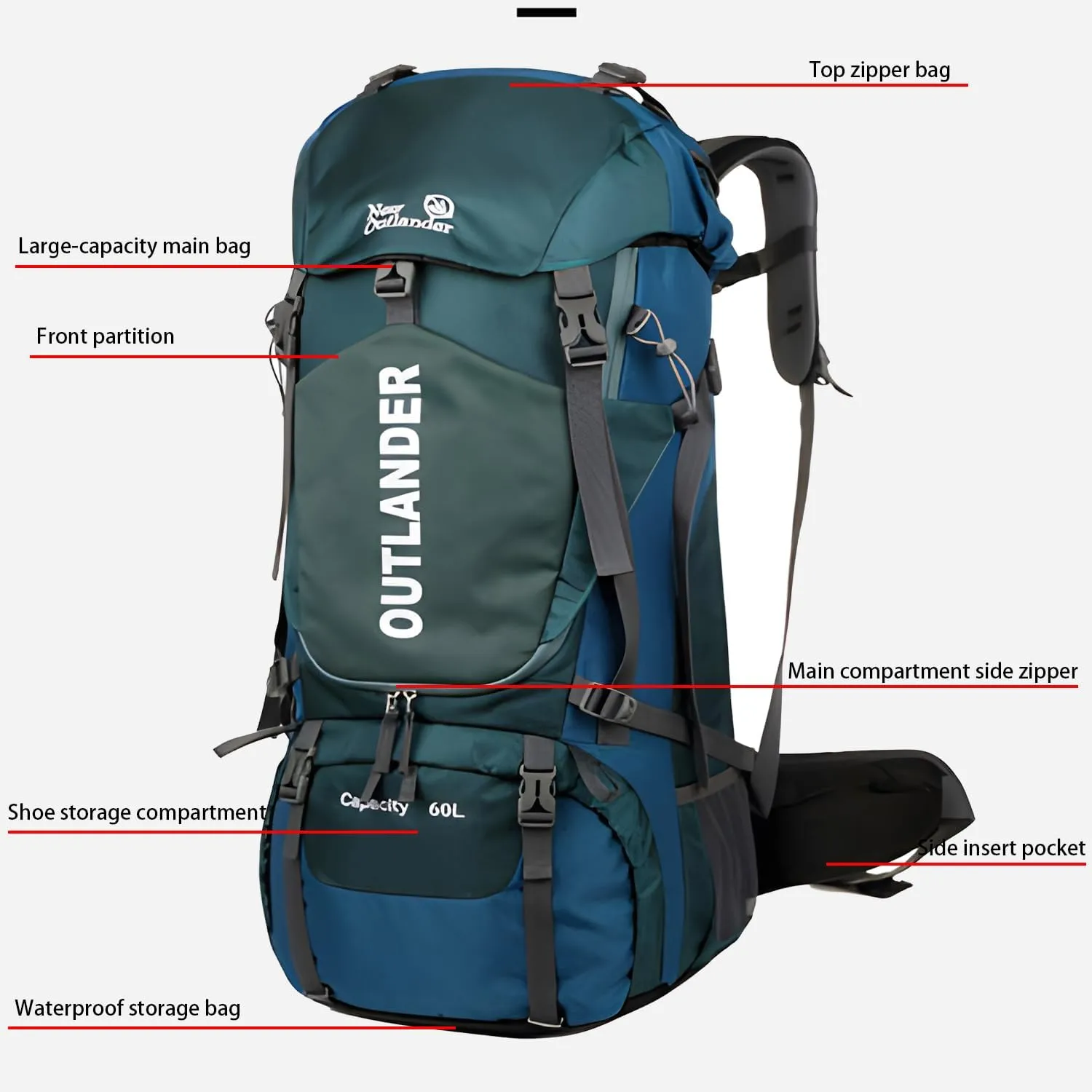 60L Hiking Camping Backpack with Rain Cover, Waterproof Large Capacity Outdoor Sport Travel Daypack Climbing Touring