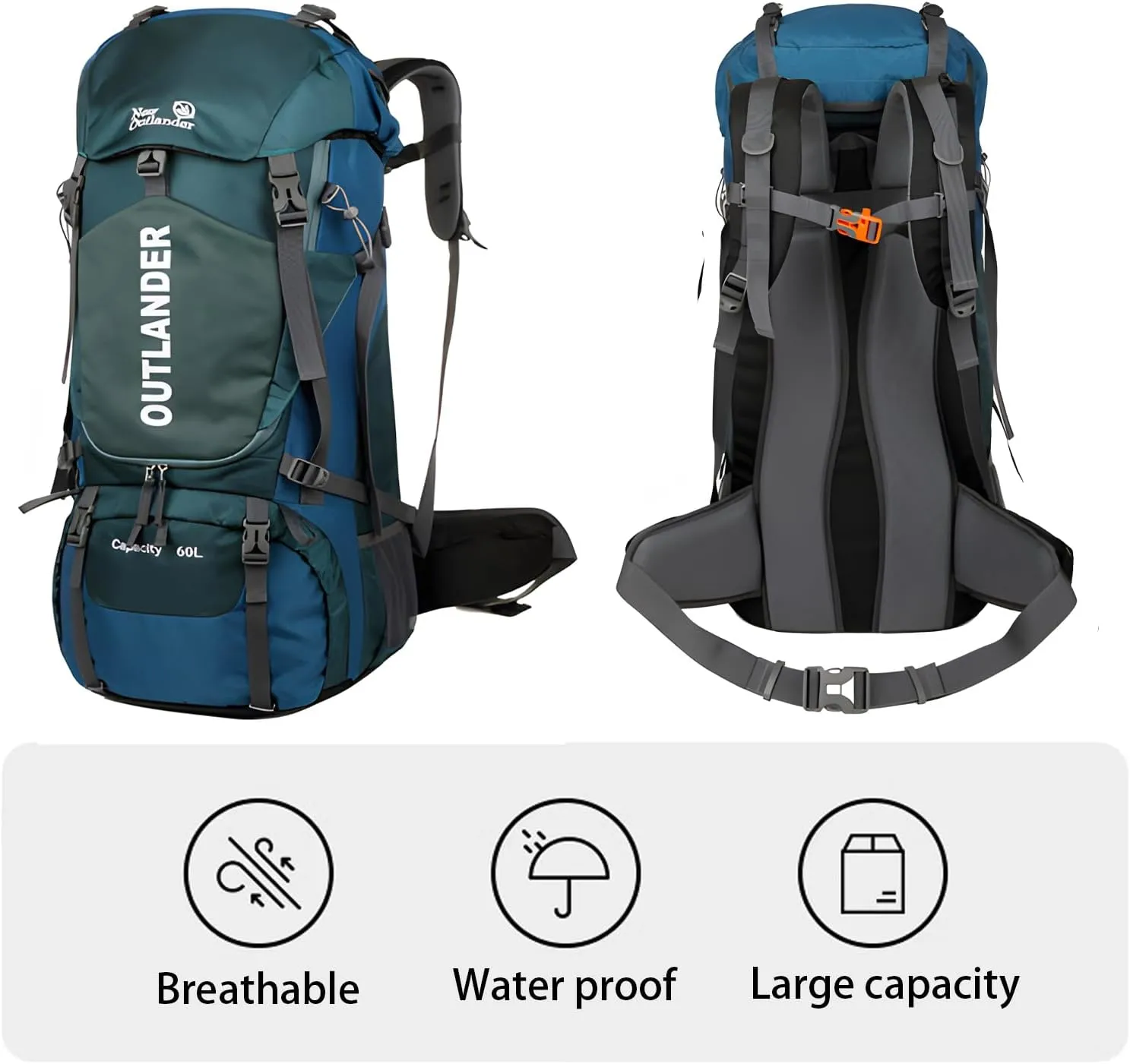 60L Hiking Camping Backpack with Rain Cover, Waterproof Large Capacity Outdoor Sport Travel Daypack Climbing Touring
