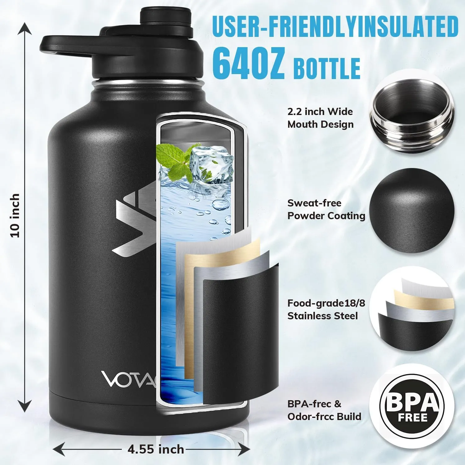 64Oz Tactical Water Bottle - Half Gallon Stainless Steel Insulated Water Bottle, Metal Military Bottle with Rugged, Removable Sleeve Tactical Carrier Bag for Hiking Camping Hunting (BLACK)