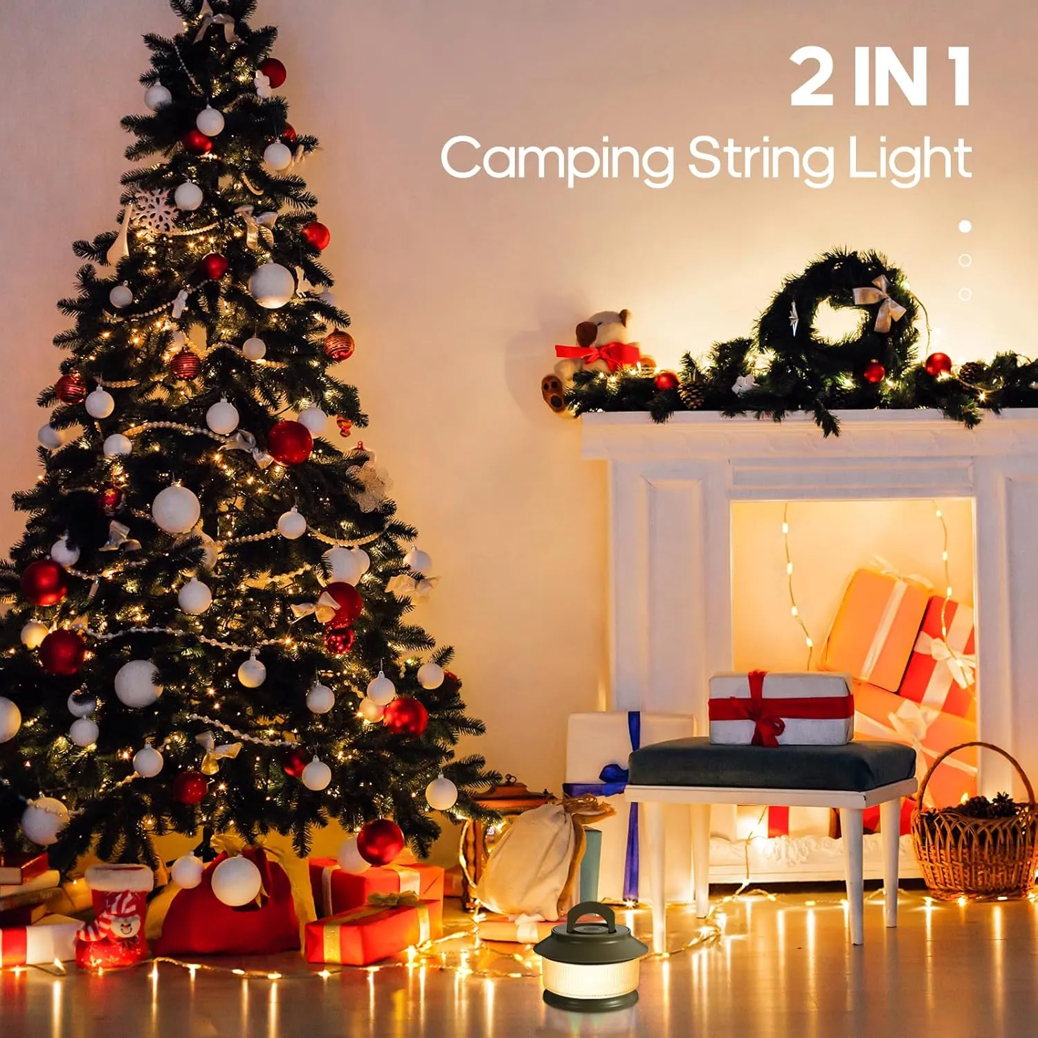 65.6ft Retractable Camping String Lights,3000mAh Camping Essentials Lamp Lights Waterproof,5Modes Outdoor Lights String for Tent,Yard,Hiking,RV,Holiday Decoration
