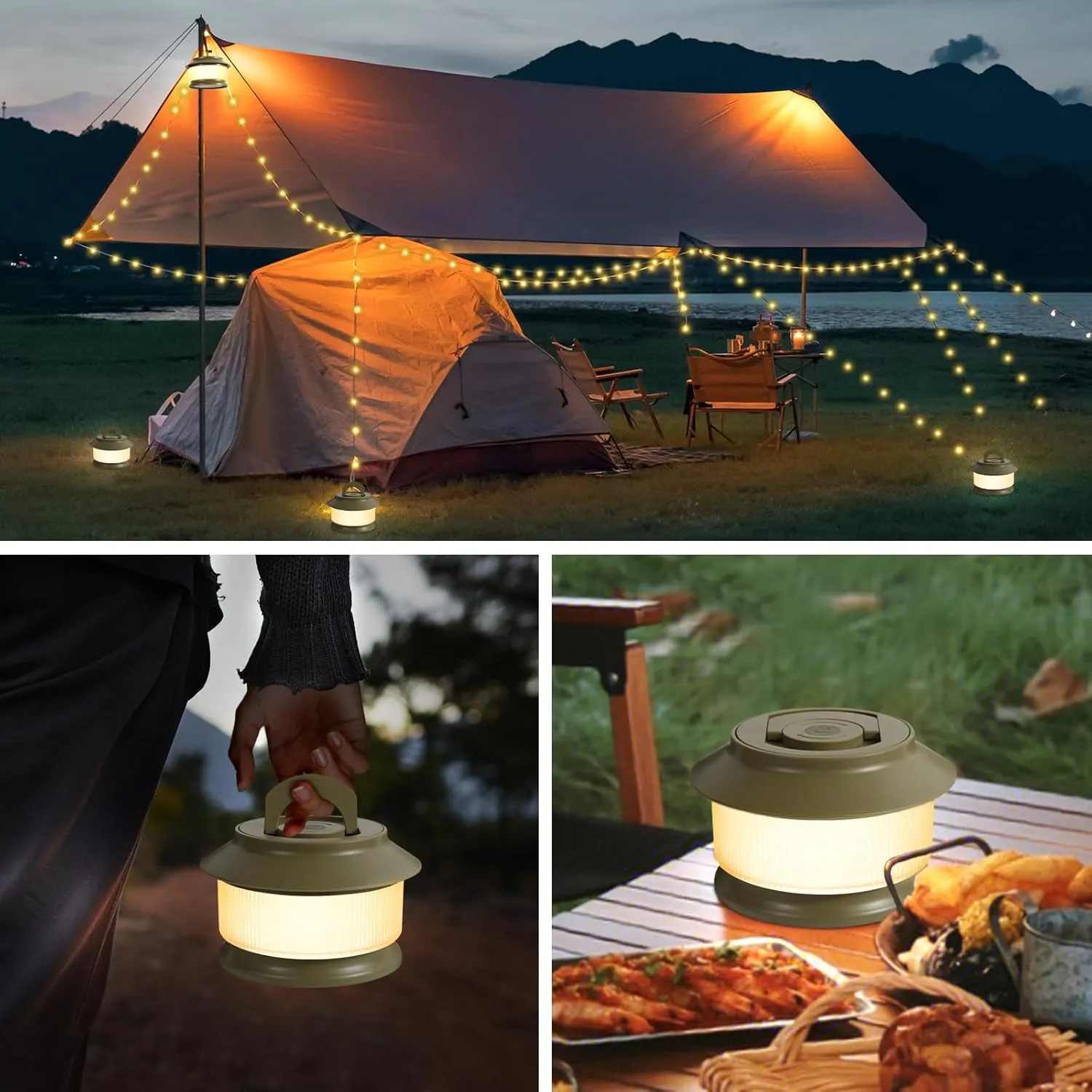 65.6ft Retractable Camping String Lights,3000mAh Camping Essentials Lamp Lights Waterproof,5Modes Outdoor Lights String for Tent,Yard,Hiking,RV,Holiday Decoration