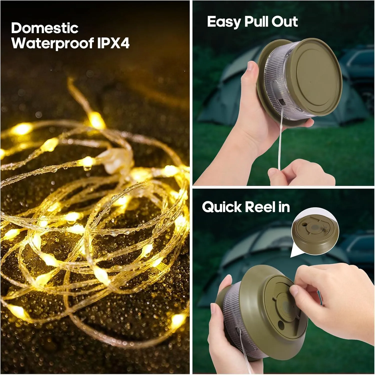 65.6ft Retractable Camping String Lights,3000mAh Camping Essentials Lamp Lights Waterproof,5Modes Outdoor Lights String for Tent,Yard,Hiking,RV,Holiday Decoration
