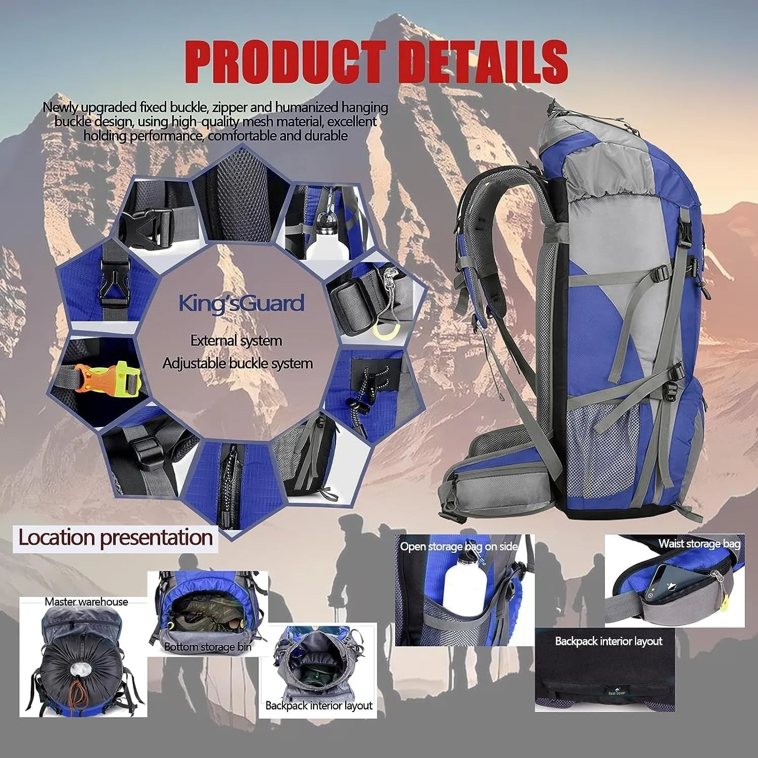 70L Camping Hiking Backpack with Rain Cover Backpacking Backpack for Treeking Outdoor Travel Pack (70L Blue)