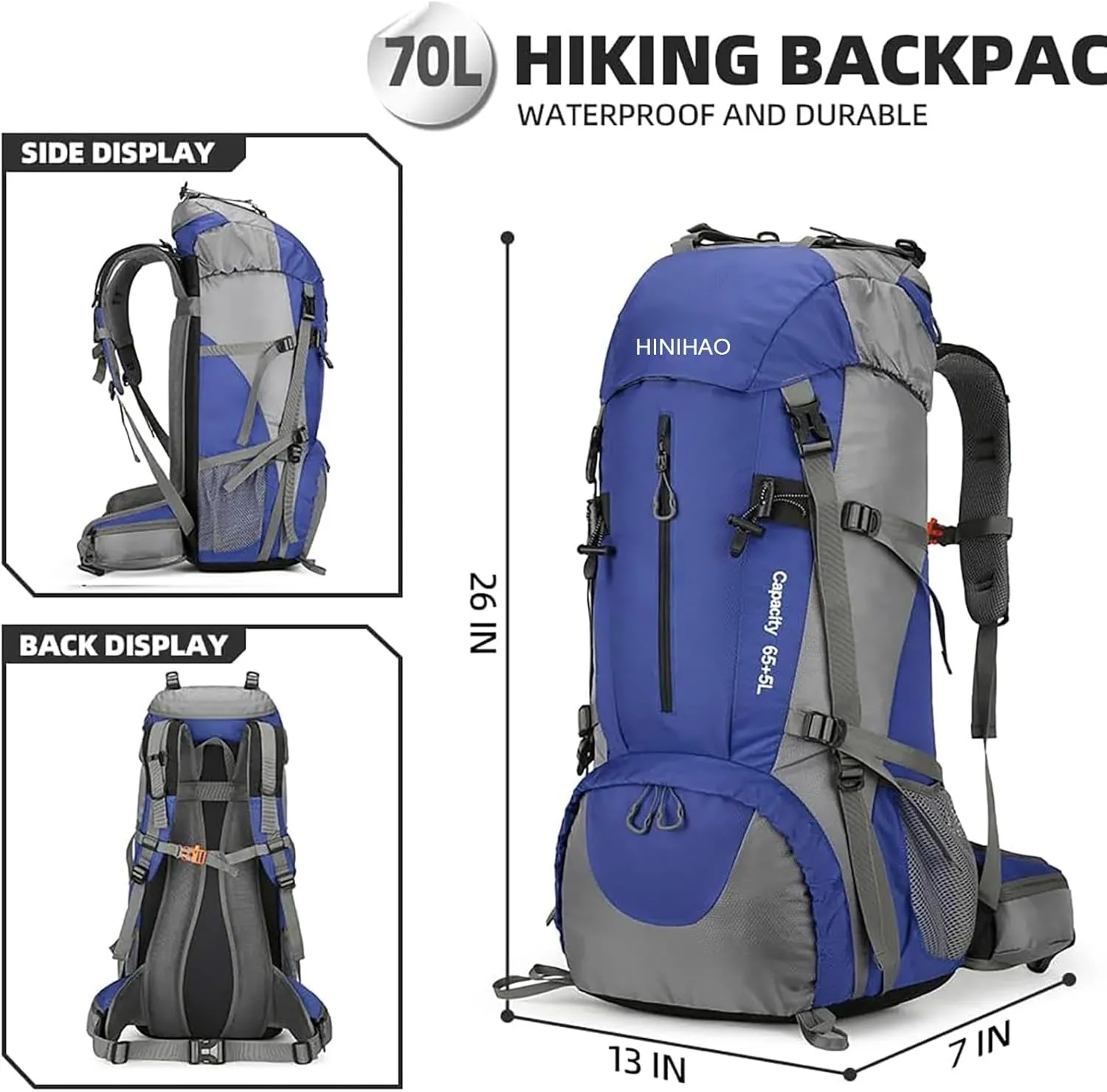 70L Camping Hiking Backpack with Rain Cover Backpacking Backpack for Treeking Outdoor Travel Pack (70L Blue)