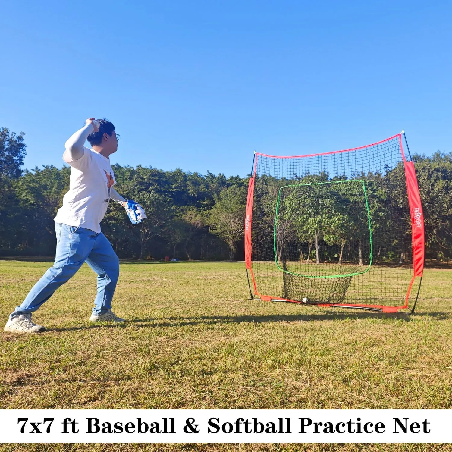 7×7ft Baseball Softball Practice Net- Portable Baseball Net for Batting, Hitting, Pitching Come with Carry Bag, Training for Players of Any Skill Level - Easy Setup