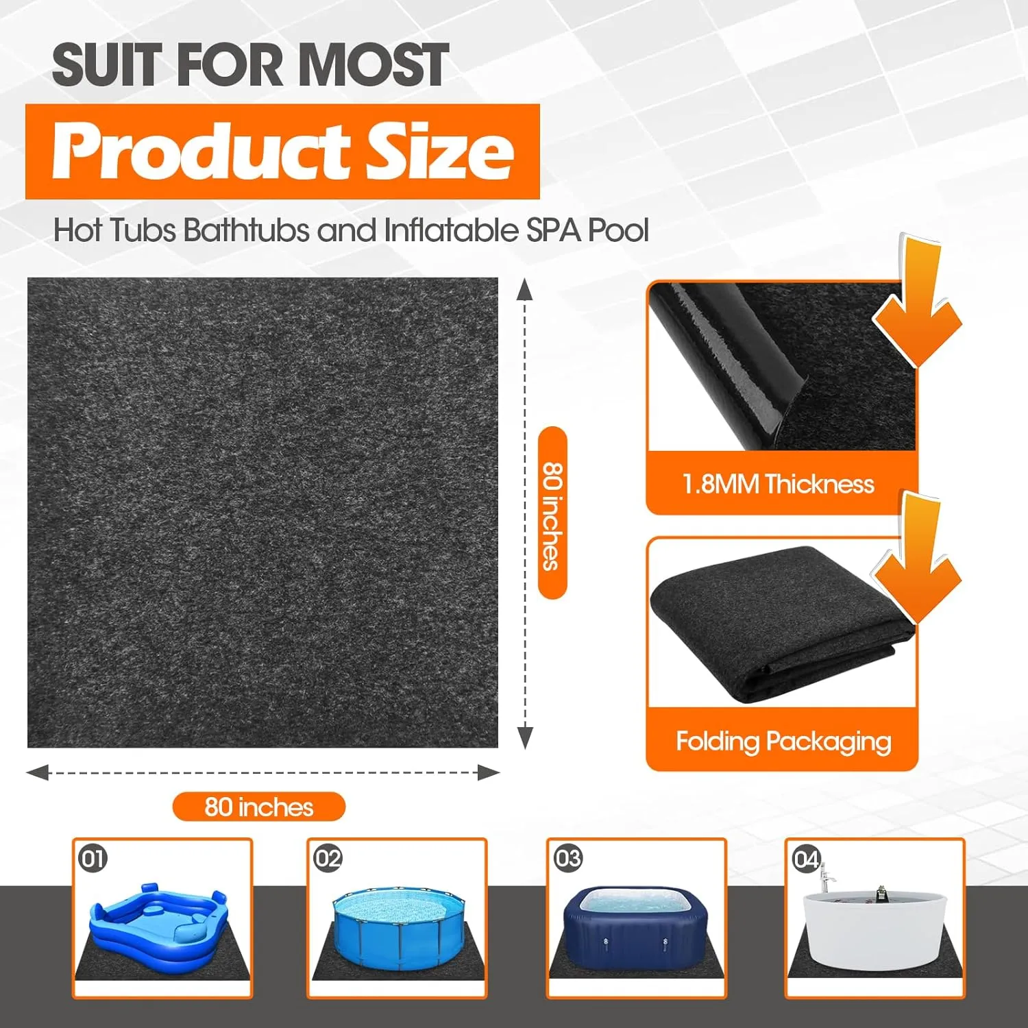 80"X80" Inflatable Hot Tub Pad, Reusable Above Ground Pool Protector, Water-Absorbent Spa Mat for Inflatable Pool Indoor Outdoor