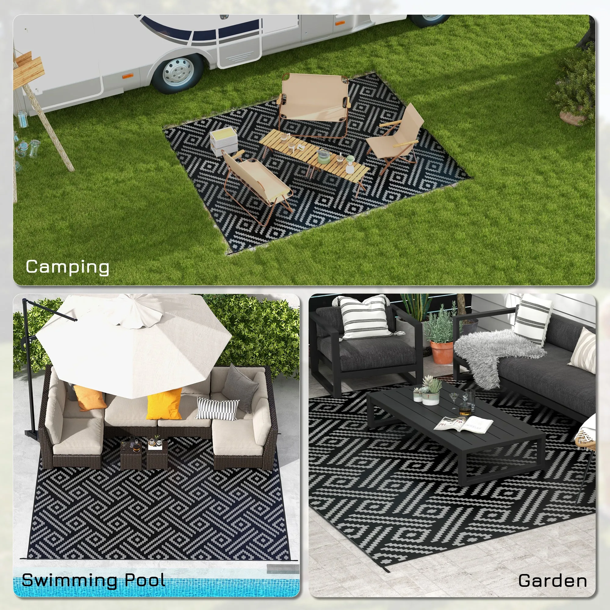 9' x 12' Reversible Mat w/ Carry Bag, Geometric Waterproof RV Rug for Backyard, Black & Grey