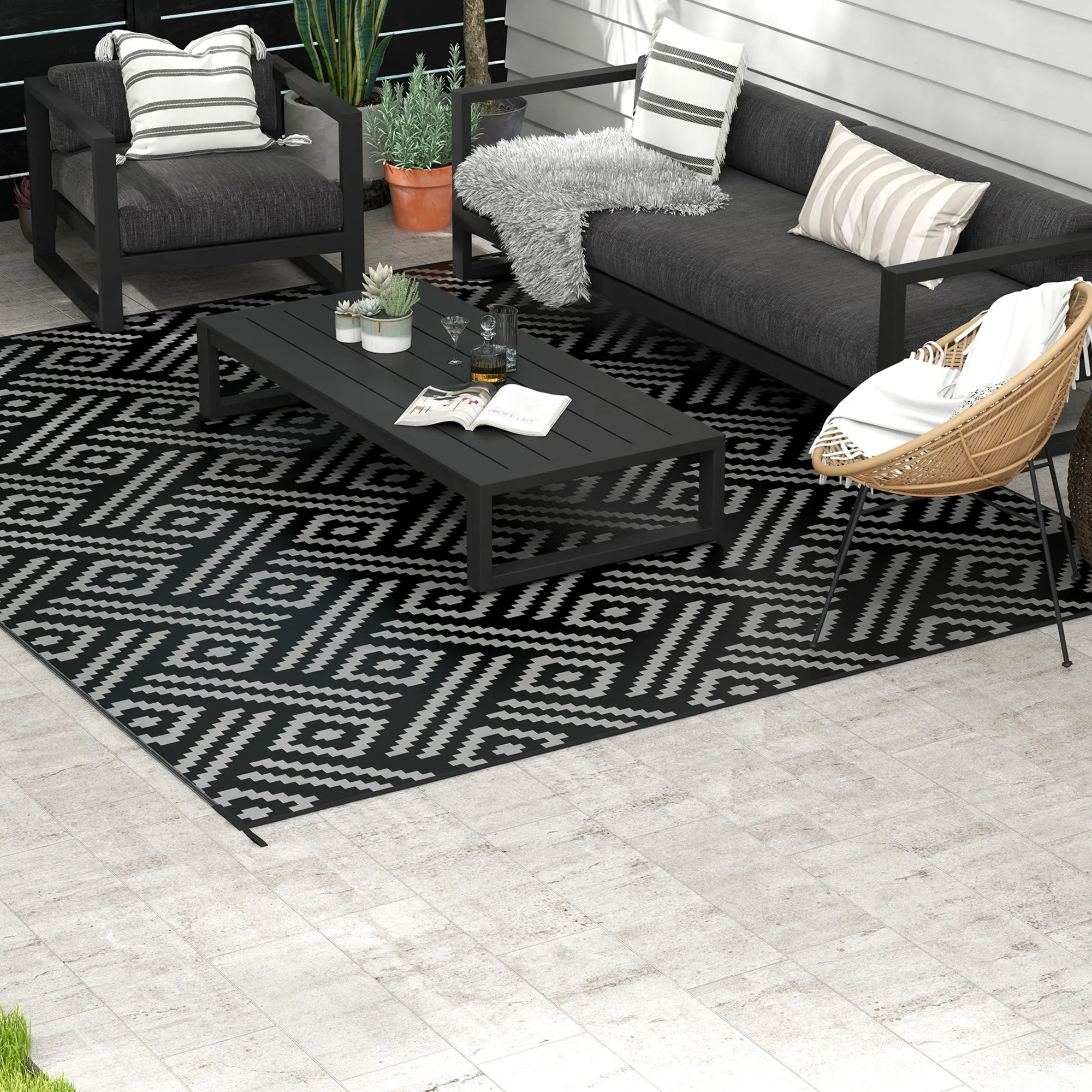 9' x 12' Reversible Mat w/ Carry Bag, Geometric Waterproof RV Rug for Backyard, Black & Grey