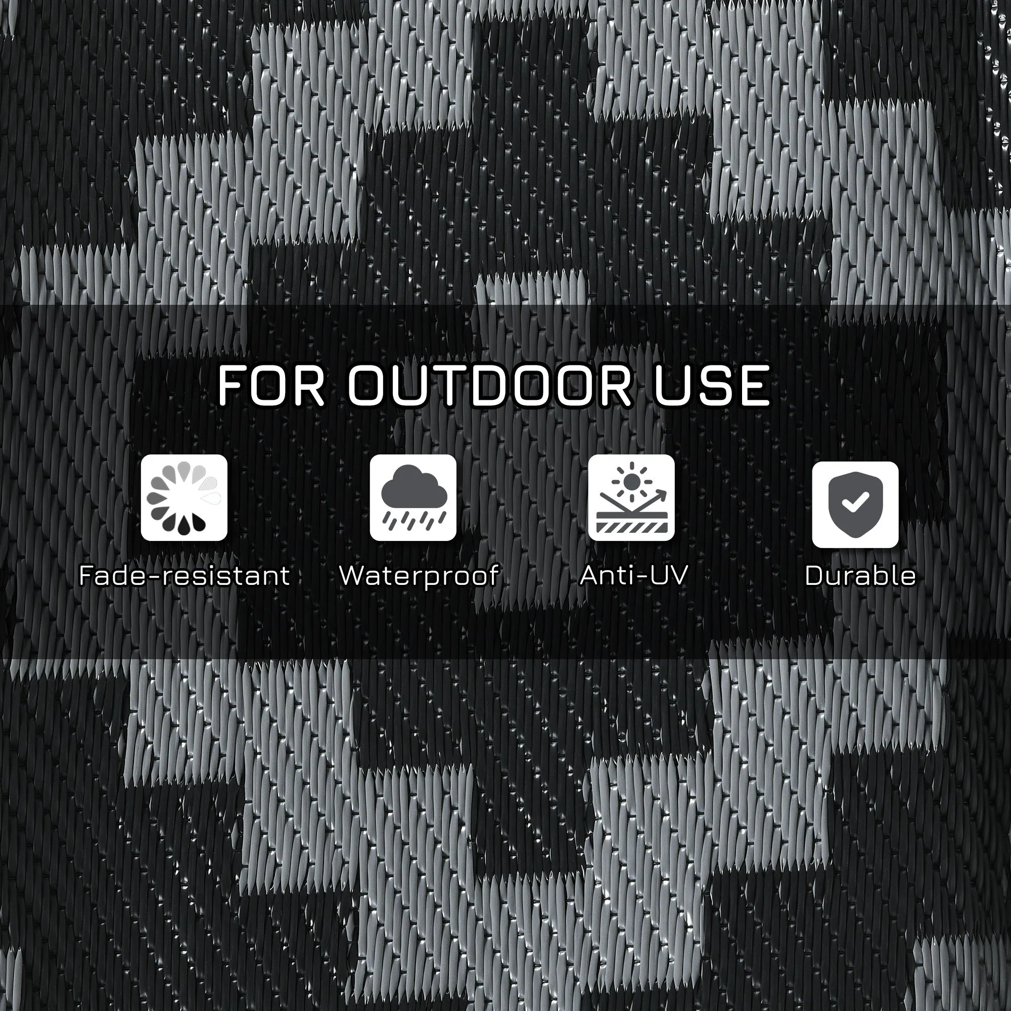 9' x 12' Reversible Mat w/ Carry Bag, Geometric Waterproof RV Rug for Backyard, Black & Grey