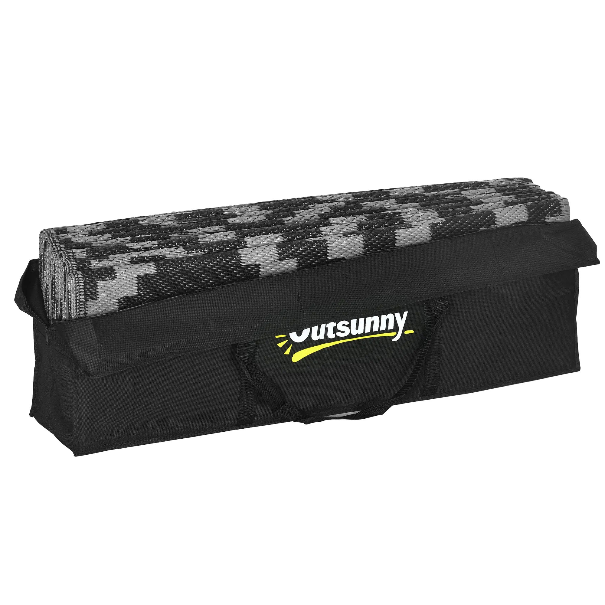 9' x 12' Reversible Mat w/ Carry Bag, Geometric Waterproof RV Rug for Backyard, Black & Grey