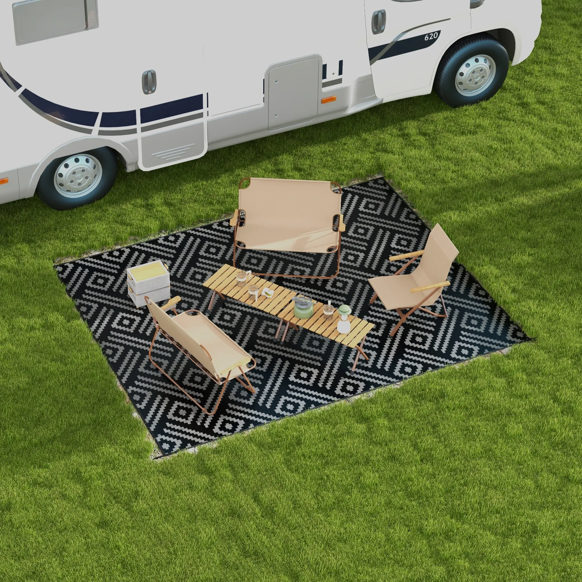 9' x 12' Reversible Mat w/ Carry Bag, Geometric Waterproof RV Rug for Backyard, Black & Grey