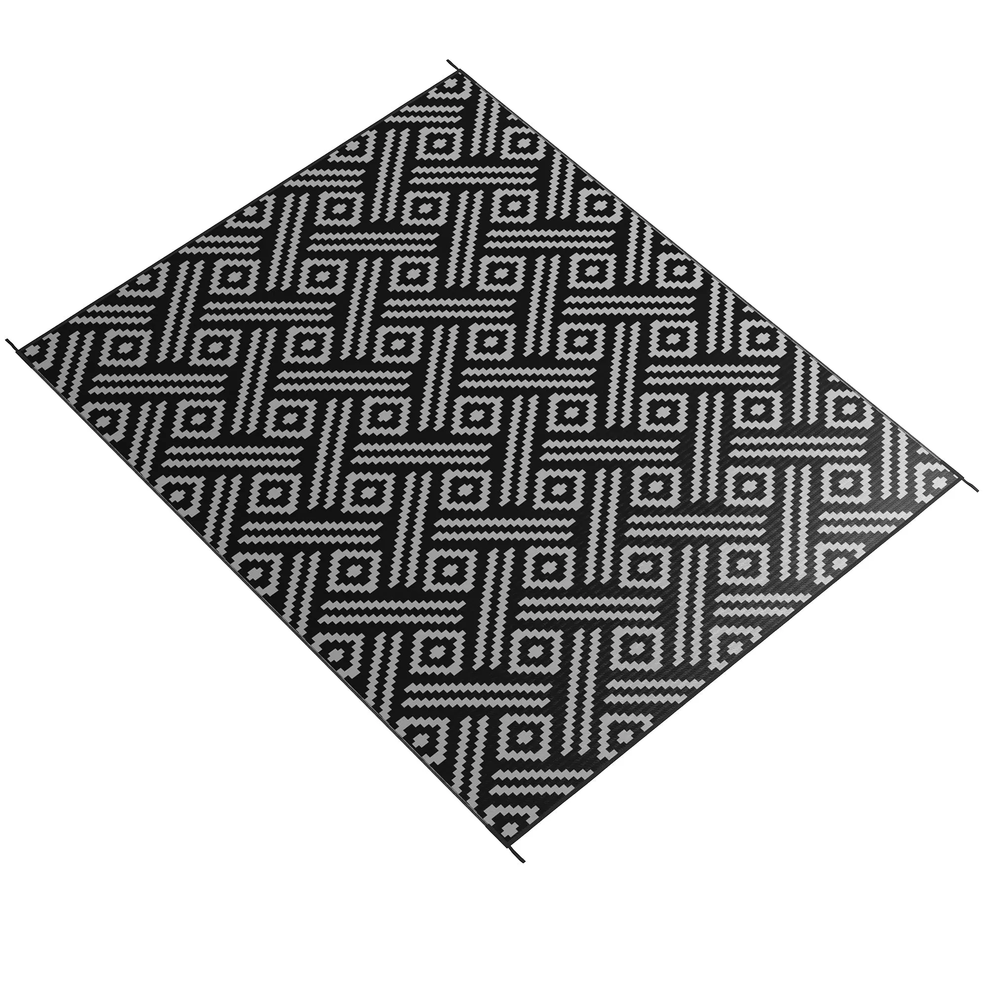 9' x 12' Reversible Mat w/ Carry Bag, Geometric Waterproof RV Rug for Backyard, Black & Grey