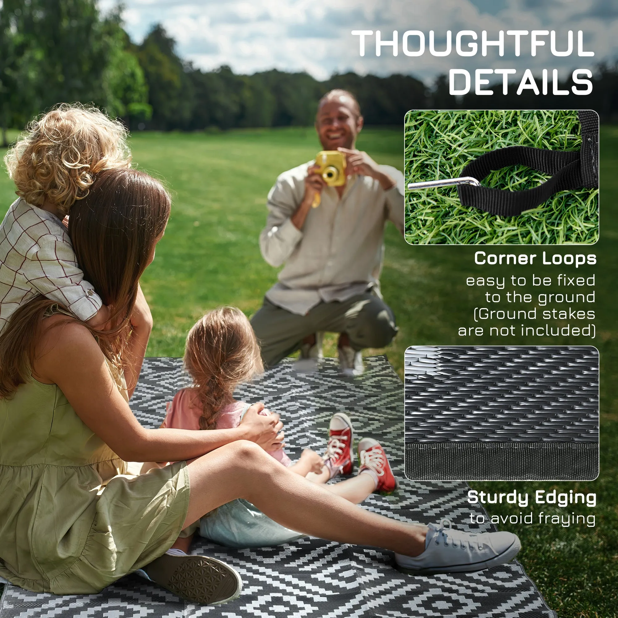 9' x 12' Reversible Mat w/ Carry Bag, Geometric Waterproof RV Rug for Backyard, Black & Grey