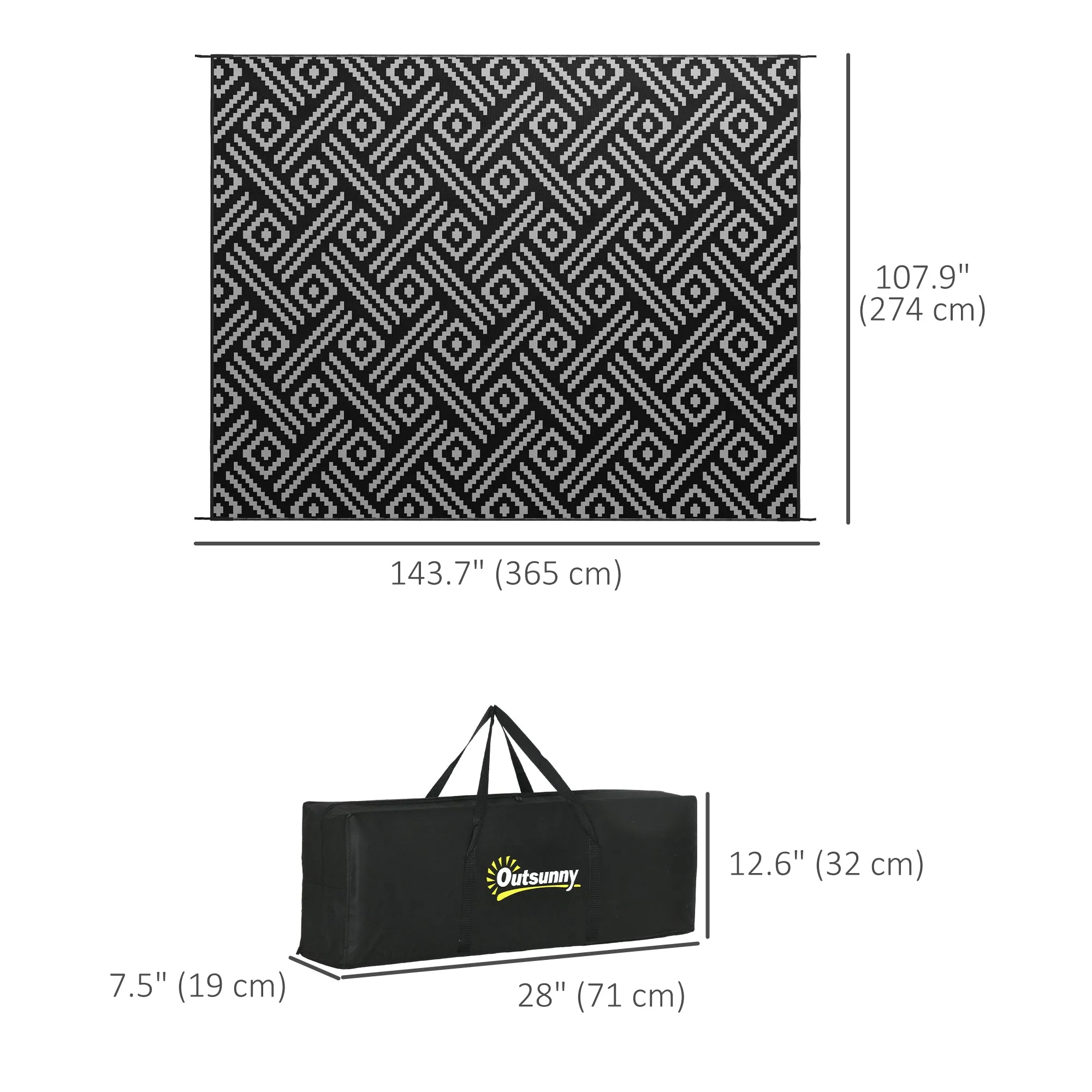 9' x 12' Reversible Mat w/ Carry Bag, Geometric Waterproof RV Rug for Backyard, Black & Grey