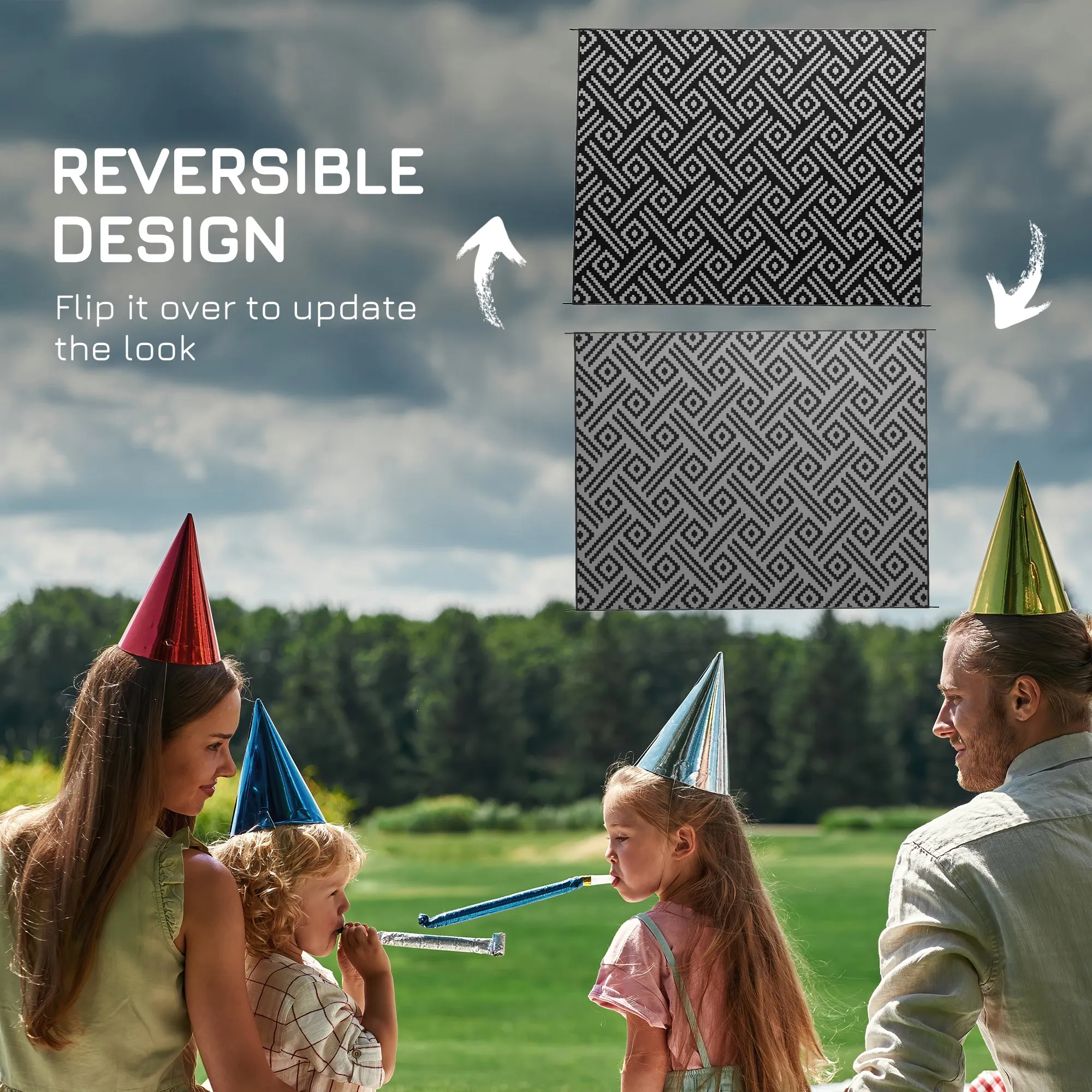 9' x 12' Reversible Mat w/ Carry Bag, Geometric Waterproof RV Rug for Backyard, Black & Grey