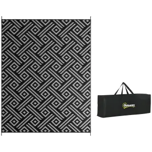 9' x 12' Reversible Mat w/ Carry Bag, Geometric Waterproof RV Rug for Backyard, Black & Grey