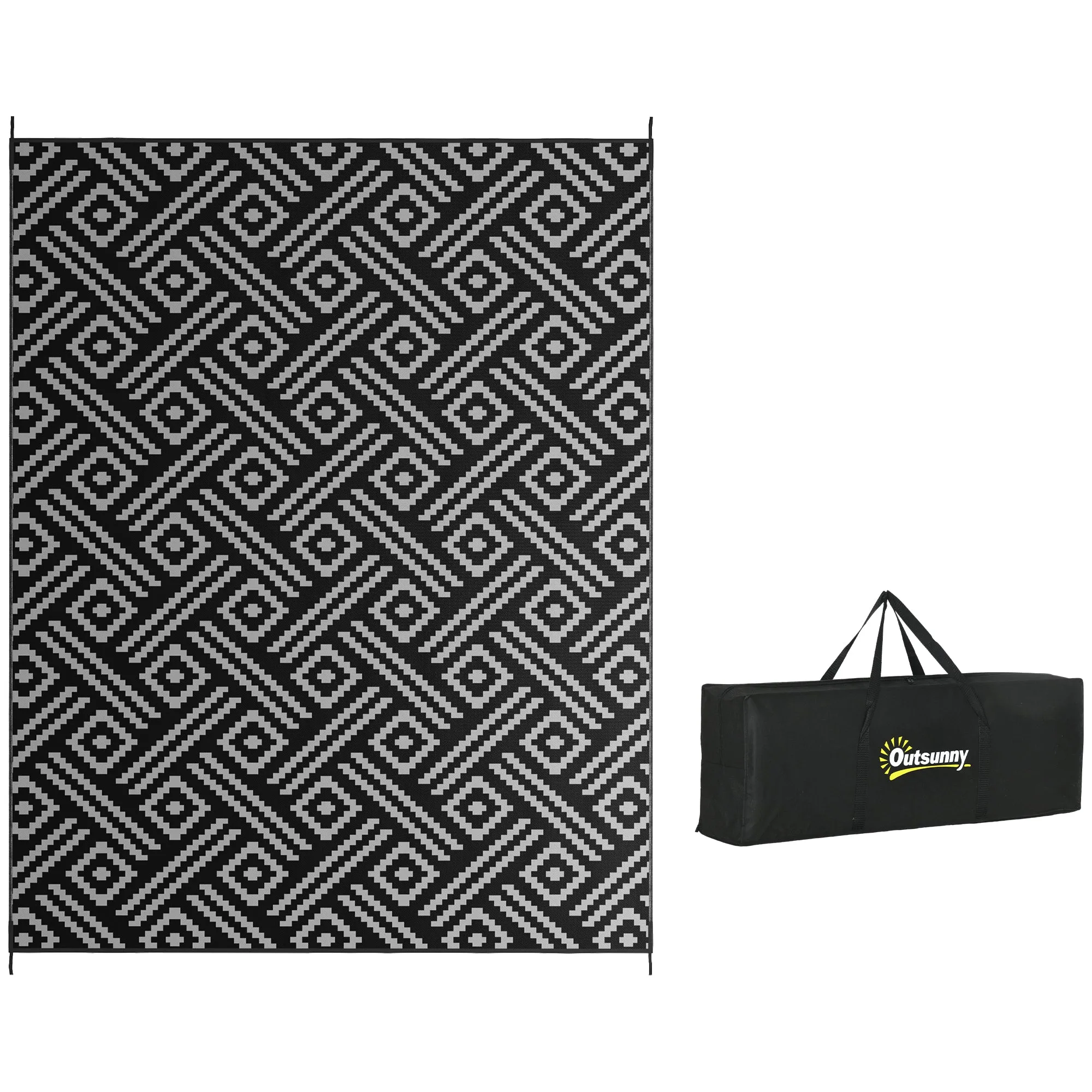 9' x 12' Reversible Mat w/ Carry Bag, Geometric Waterproof RV Rug for Backyard, Black & Grey