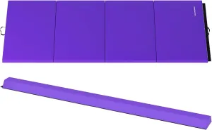 96 x 48 Inch All Purpose Exercise Mat Bundled with 8 Foot Balance Beam Foldable Gymnastic Activity Set, Purple