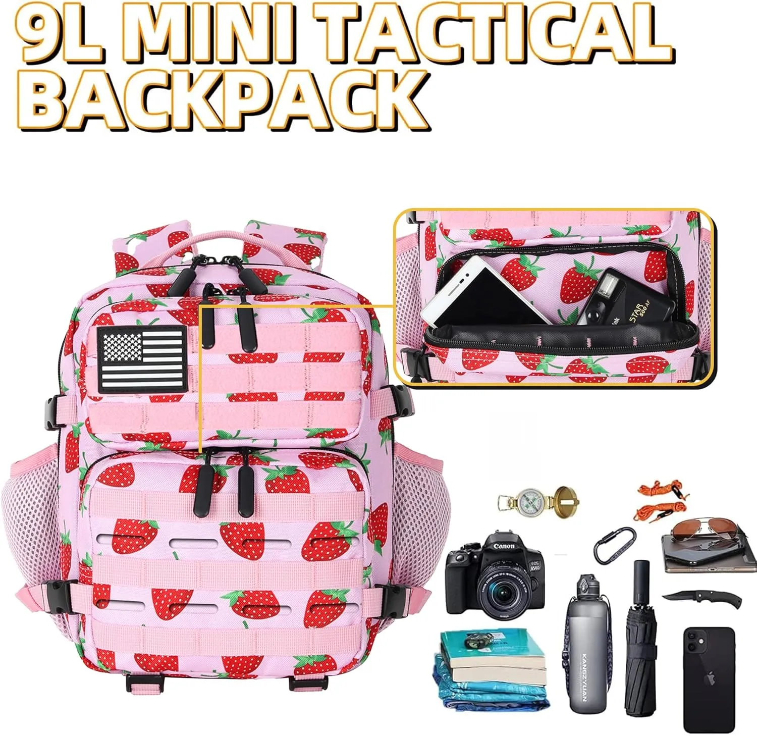 9L Tactical Assault Backpack Gym Backpack Hiking Travel Backpack Camping Backpack (Strawberry)