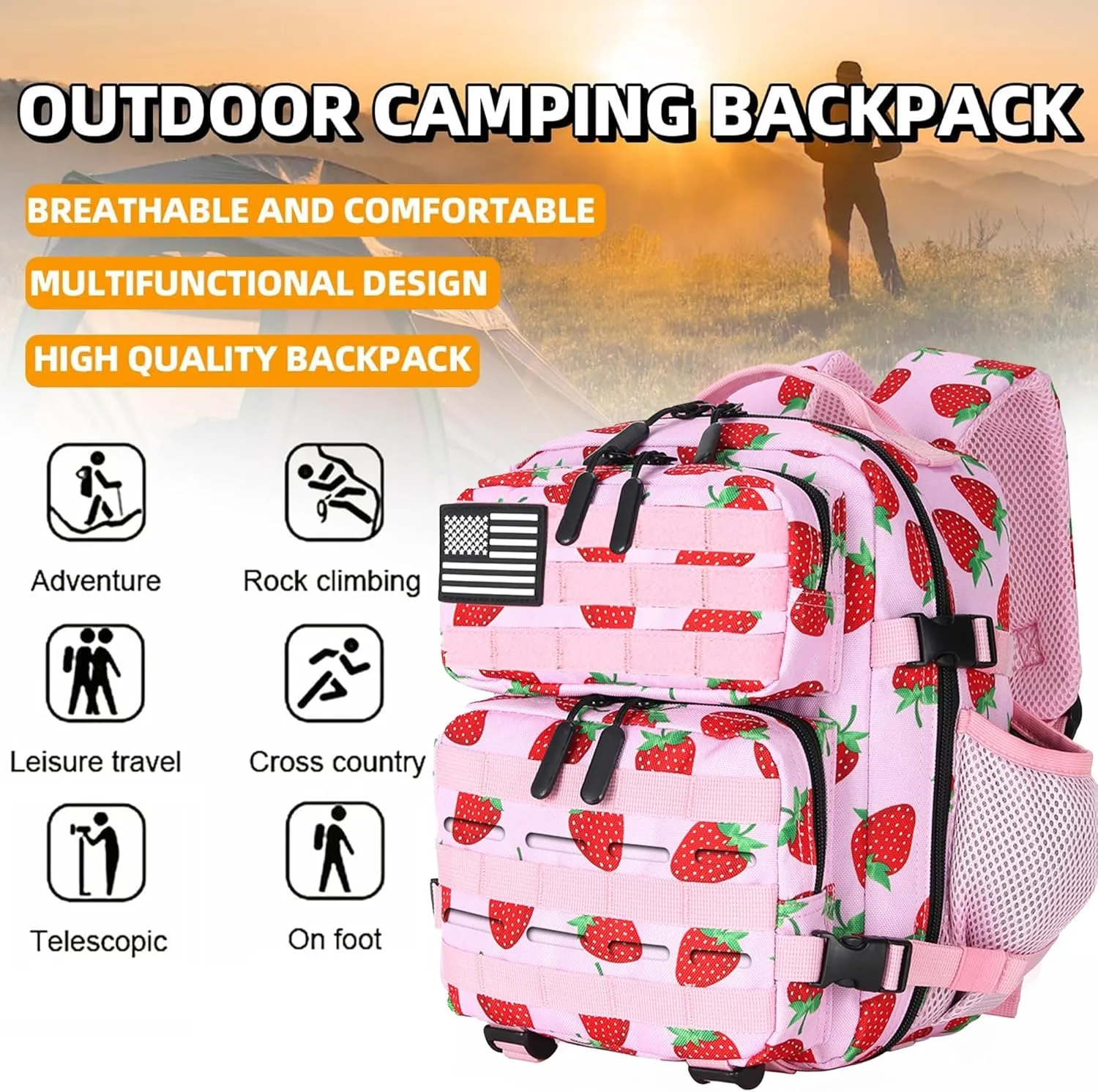 9L Tactical Assault Backpack Gym Backpack Hiking Travel Backpack Camping Backpack (Strawberry)