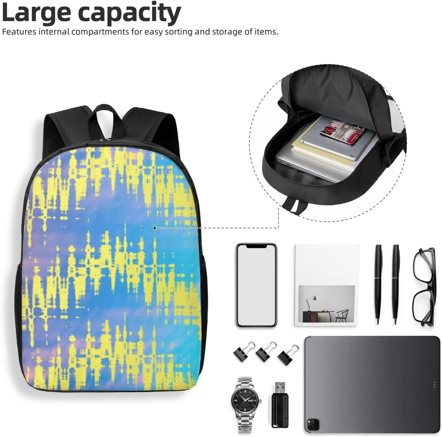 Abstract Yellow Blue Backpack, 17 Inch Travel Business Laptop Backpack For Women Men