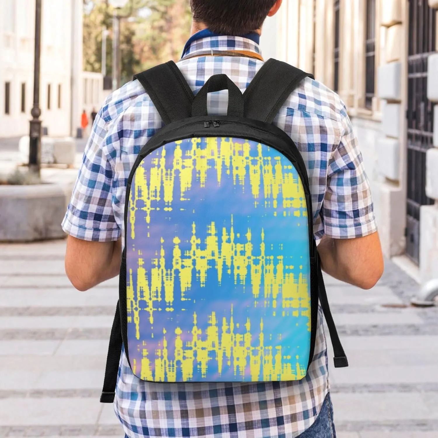 Abstract Yellow Blue Backpack, 17 Inch Travel Business Laptop Backpack For Women Men