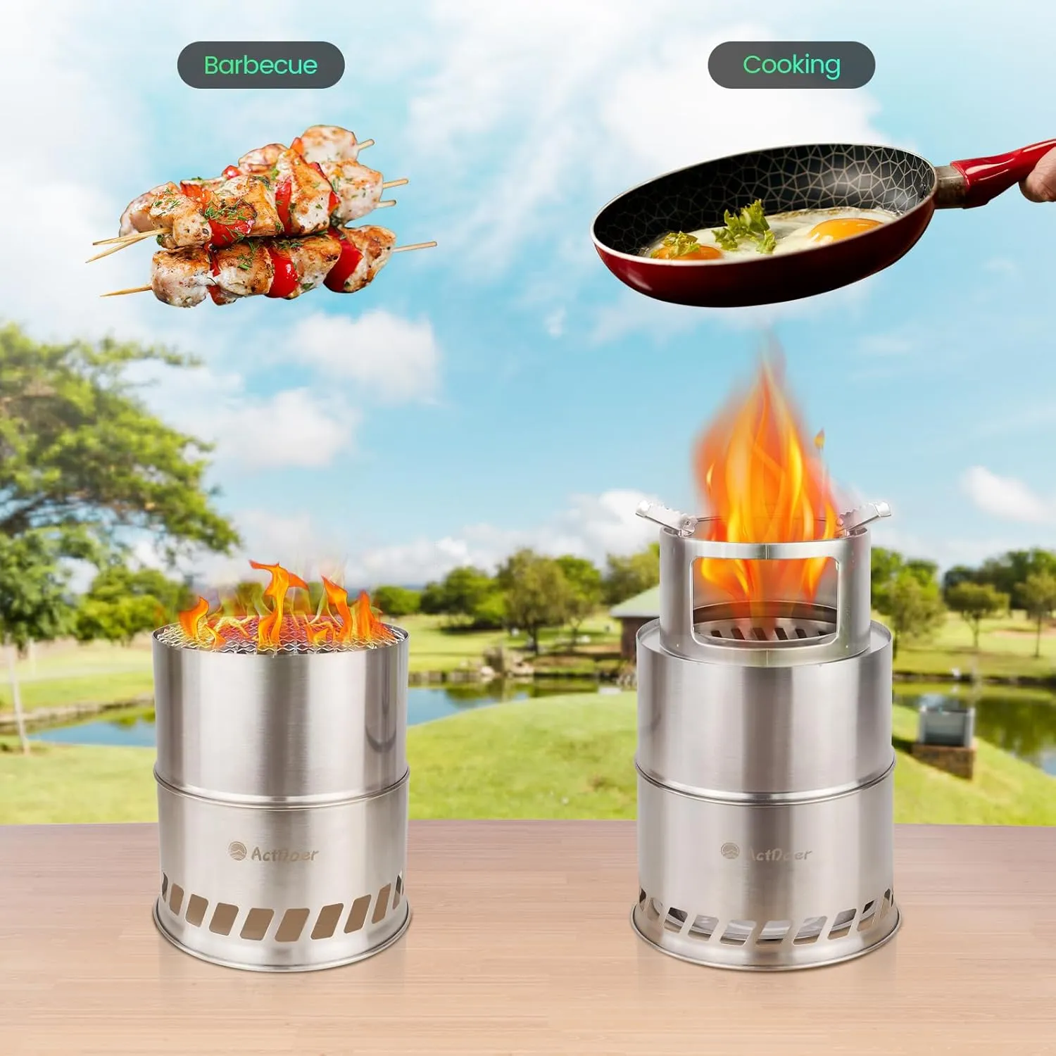 ActDoer Camping Stove, Smokeless Fire Pit | Portable Stainless Steel Wood Burning Survival Stove for Picnic BBQ with Ash Collecting Tray & Insulation Pads & Carry Bag, H: 12.2 in x Dia: 7.8 in