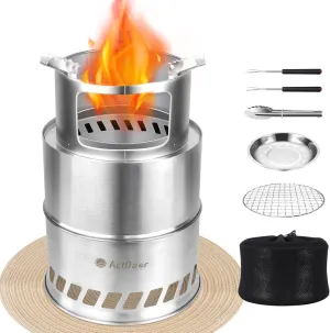 ActDoer Camping Stove, Smokeless Fire Pit | Portable Stainless Steel Wood Burning Survival Stove for Picnic BBQ with Ash Collecting Tray & Insulation Pads & Carry Bag, H: 12.2 in x Dia: 7.8 in