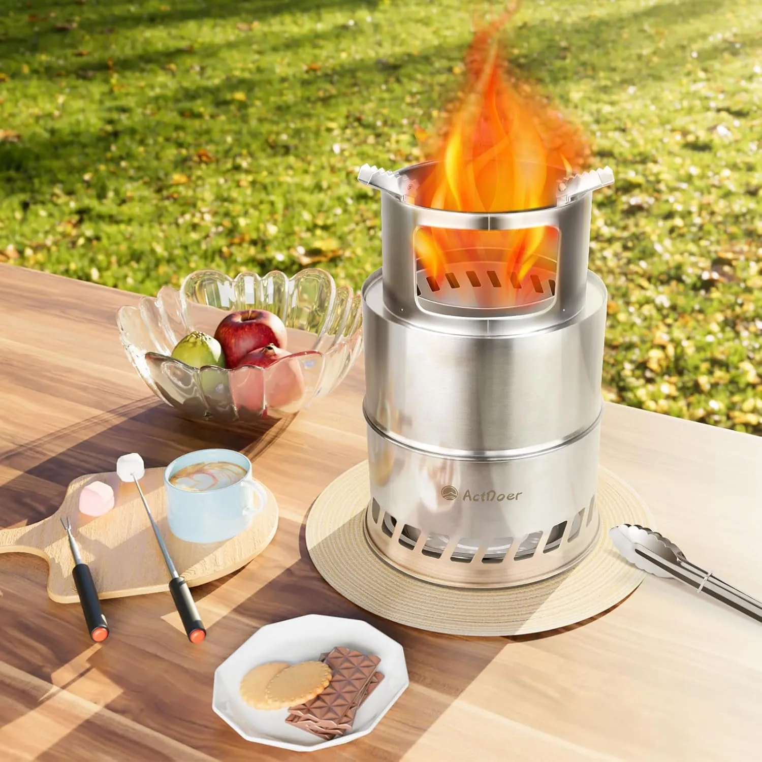 ActDoer Camping Stove, Smokeless Fire Pit | Portable Stainless Steel Wood Burning Survival Stove for Picnic BBQ with Ash Collecting Tray & Insulation Pads & Carry Bag, H: 12.2 in x Dia: 7.8 in