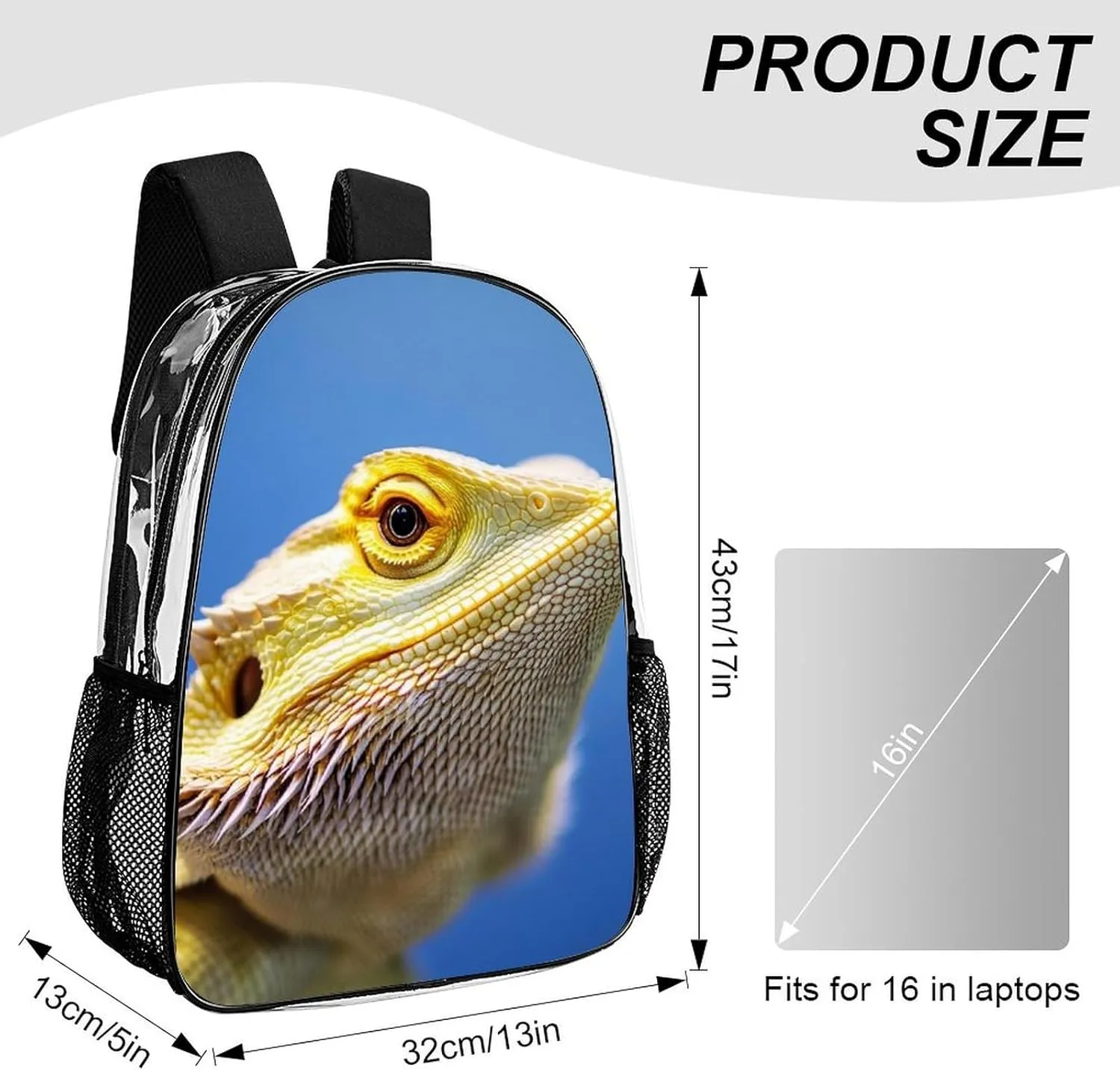 Adults Lightweight Funny Cool Bearded Dragon Lizards Animal Rucksacks Large Capacity Bookbag Transparent Bag for Trekking Outdoors Bicycle
