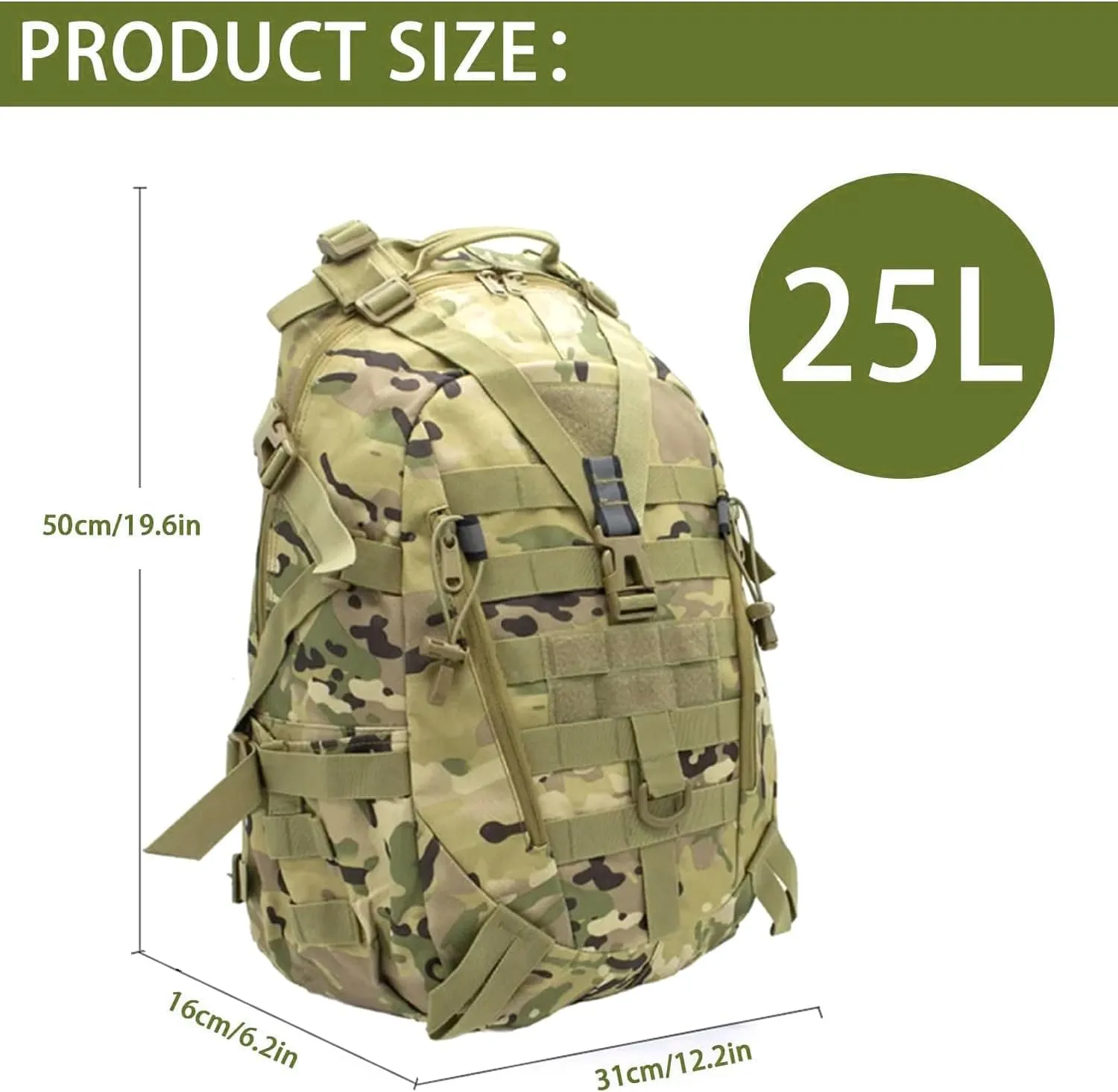 aiGear Tactical Backpack for Men, 25L Military Backpack, 3-Day Bug Out Bag for Camping Hiking Hunting with Molle System Army Daypack (25L Camo)