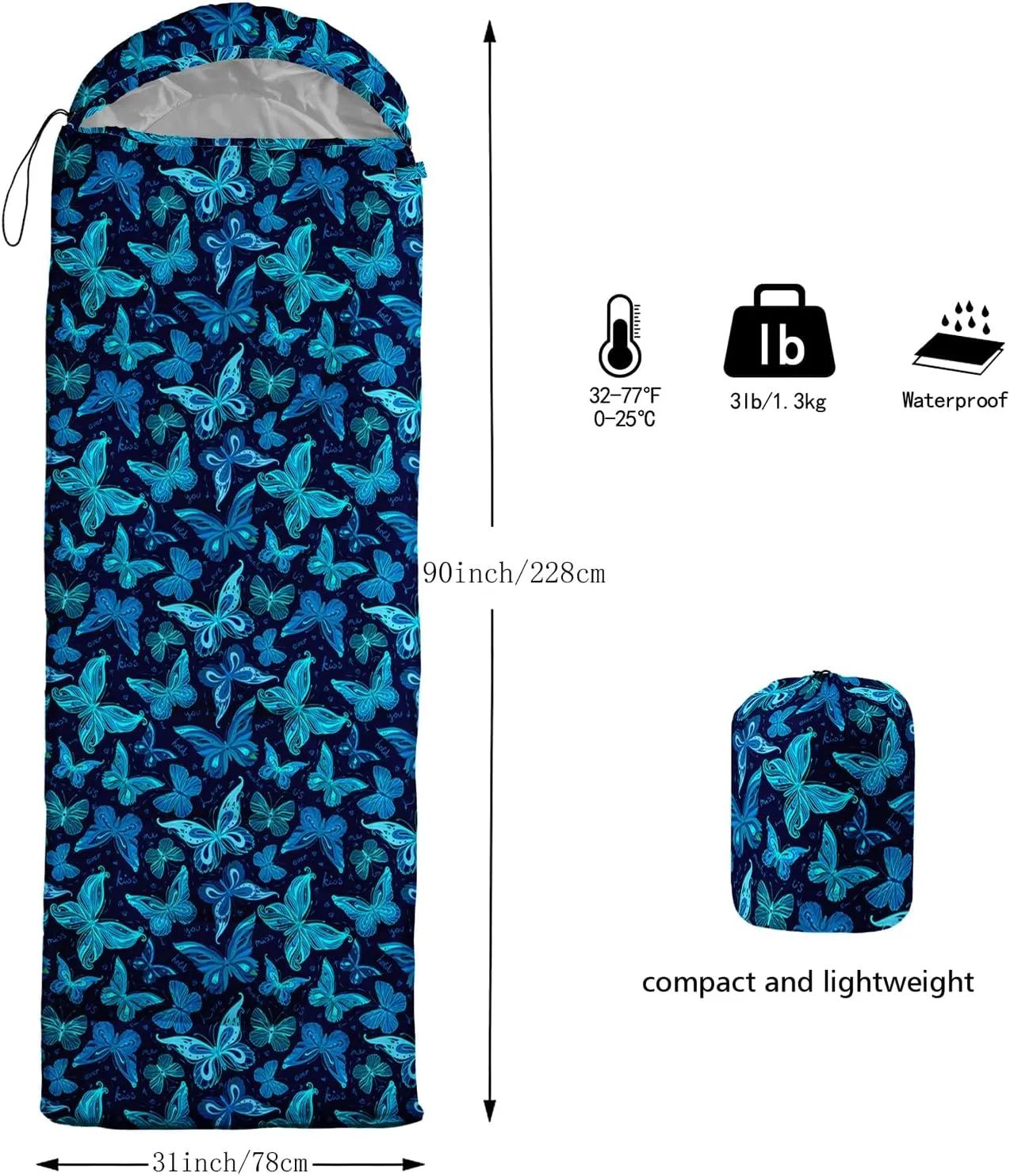AILONEN Dolphin Camping Sleeping Bag for Boys Girls Adults,Lightweight & Waterproof,3 Season Warm & Cold Weather,Portable,Blue Dolphin Sea Animal Print Sleeping Bag,Traveling,Camping,Hiking