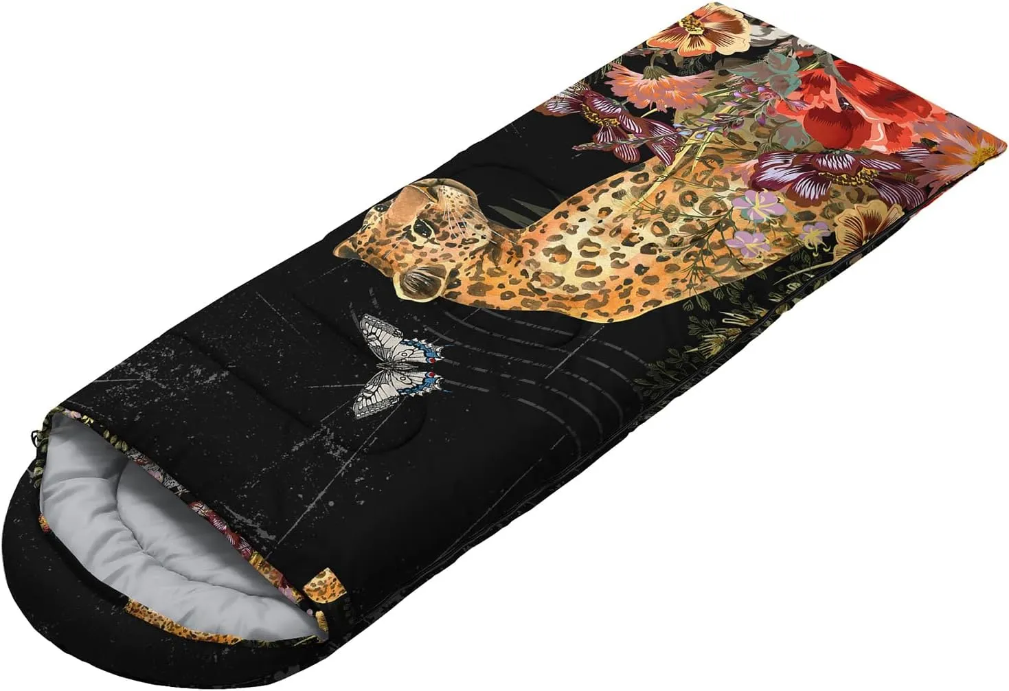 AILONEN Galaxy Wolf Sleeping Bag for Boys Girls Kids,Warm and Cool Weather,Lightweight,Waterproof Backpacking,Starry Night Wolf and Butterflies Print Blue Sleeping Bag for Camping
