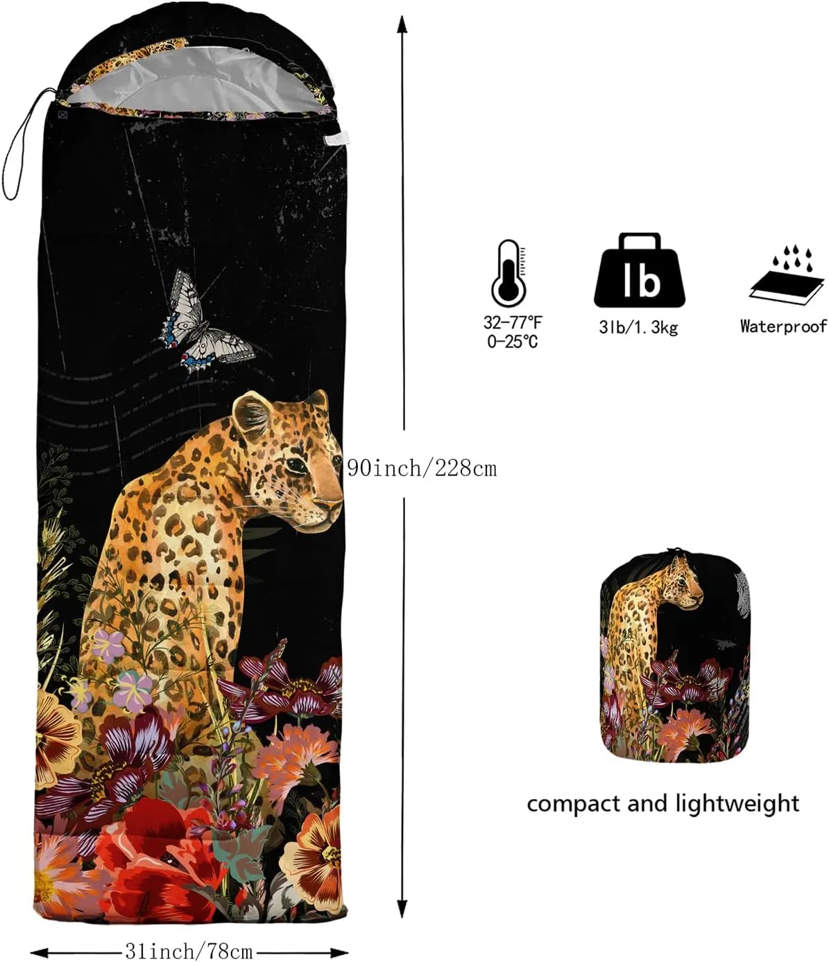 AILONEN Galaxy Wolf Sleeping Bag for Boys Girls Kids,Warm and Cool Weather,Lightweight,Waterproof Backpacking,Starry Night Wolf and Butterflies Print Blue Sleeping Bag for Camping