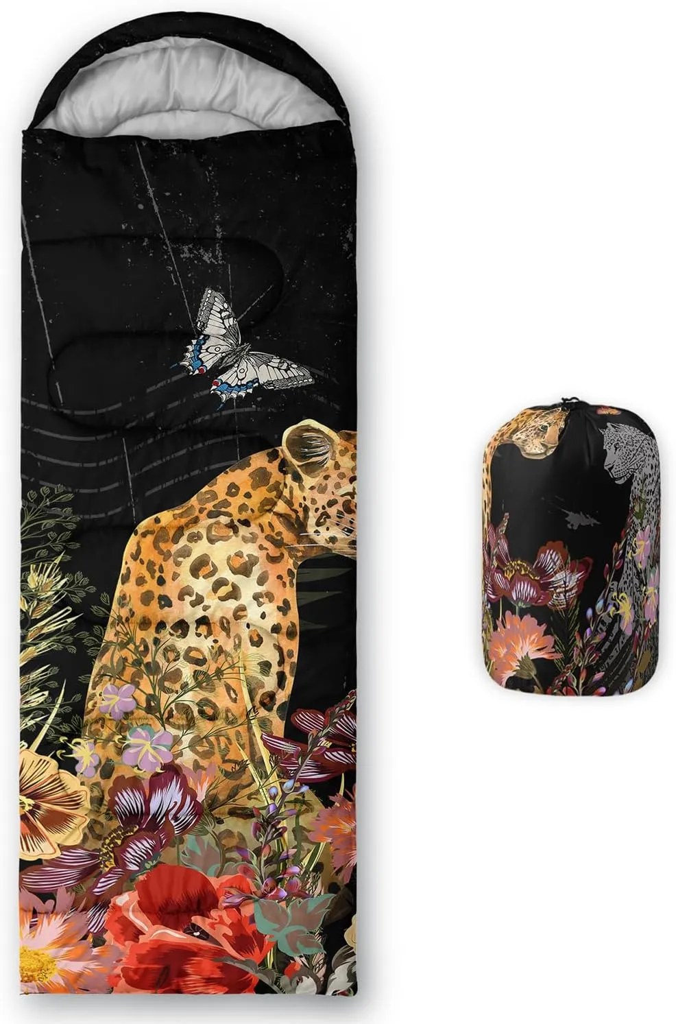 AILONEN Galaxy Wolf Sleeping Bag for Boys Girls Kids,Warm and Cool Weather,Lightweight,Waterproof Backpacking,Starry Night Wolf and Butterflies Print Blue Sleeping Bag for Camping