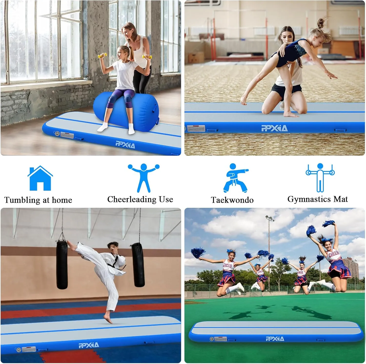 Air Tumble Track Mat 6.6ft 10ft 13ft 16ft 20ft Inflatable Gymnastics Tumbling Mat with Air Pump for Kids Adults, 4/8 inch Thick Gymnastic Mats for Home Use Gym Outdoor Cheerleading Training