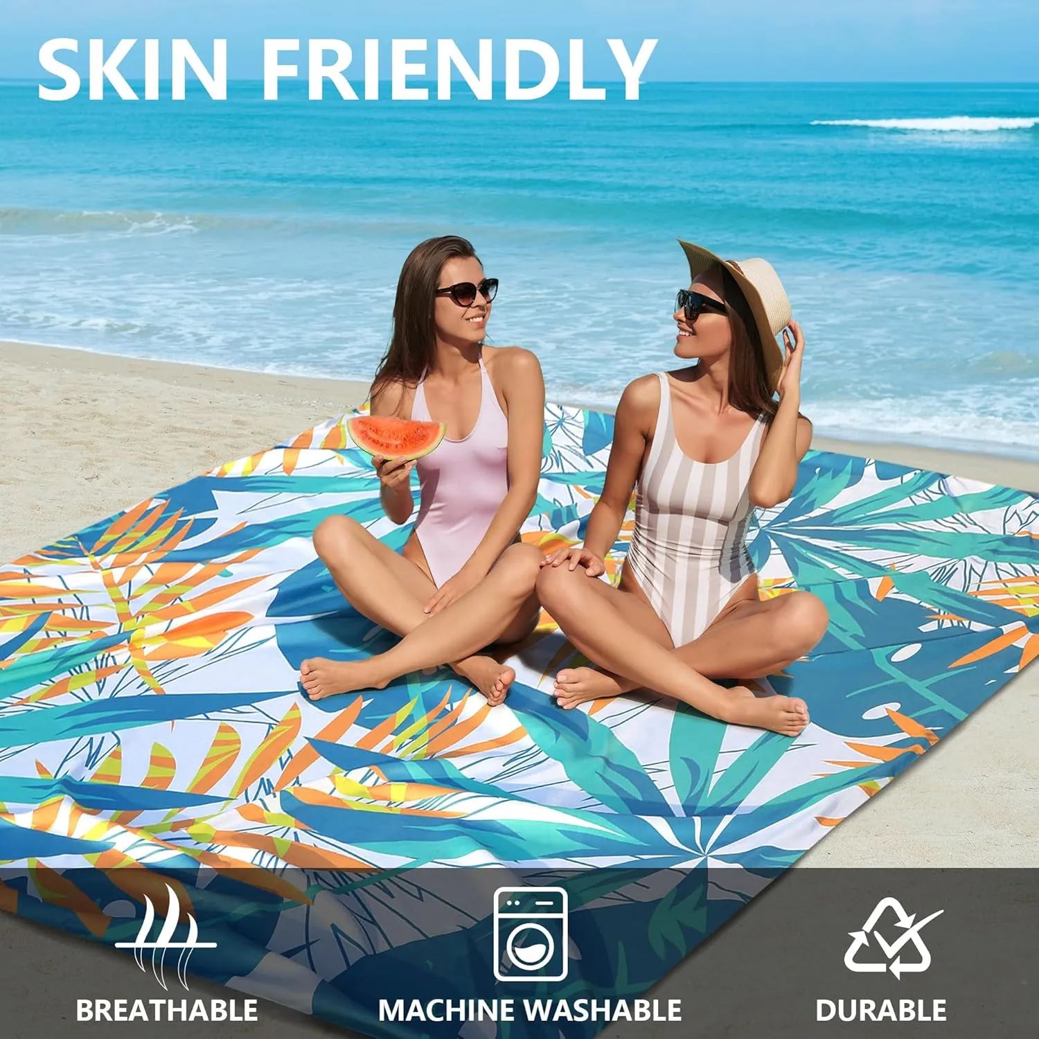 AISPARKY Beach Blanket Waterproof Sandproof Lightweight Durable Compact Sand Free Beach Mat for Beach Festival Travel Camping Hiking Picnic Blanket (W&GN&Y-Palm, 79"×83"(4 Person))