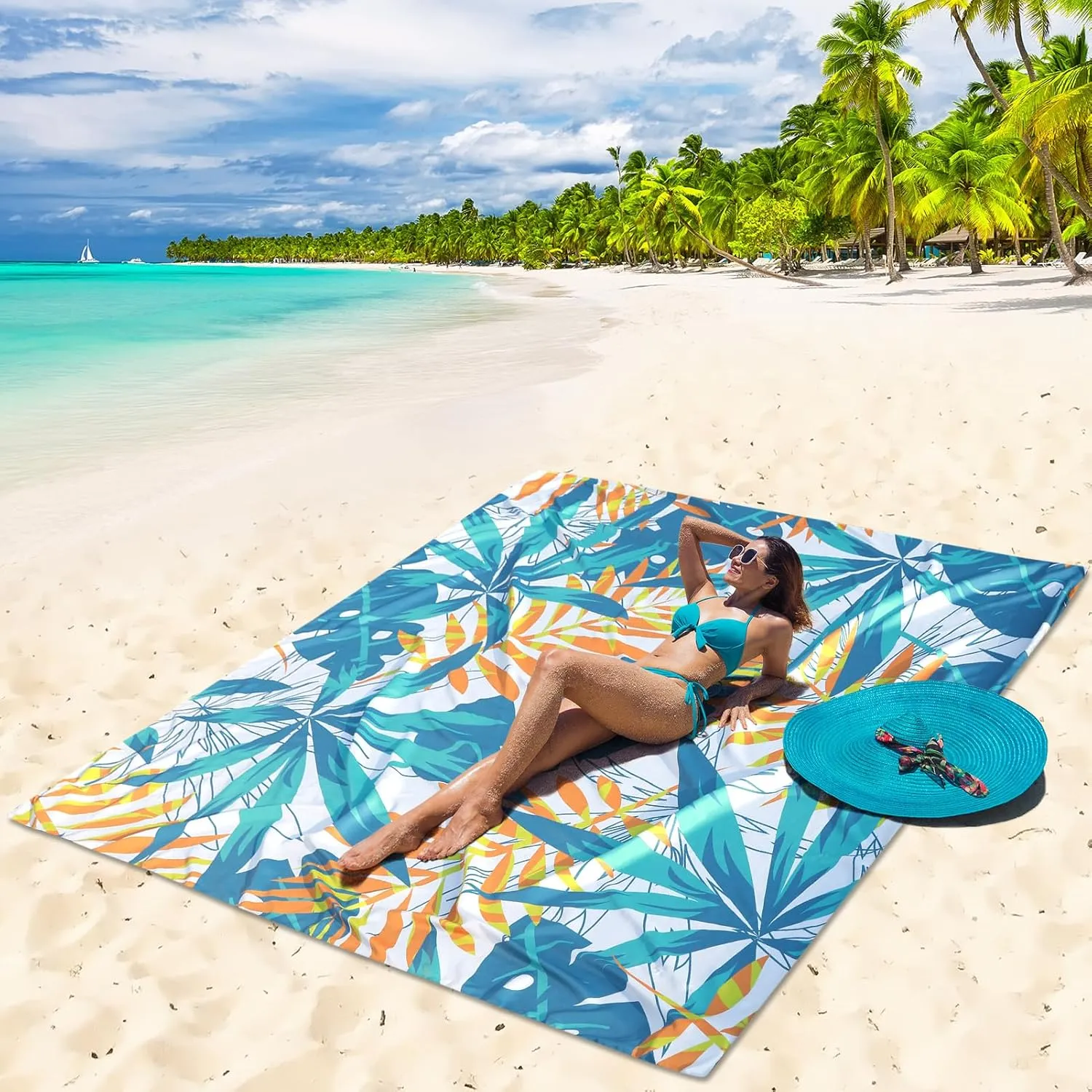 AISPARKY Beach Blanket Waterproof Sandproof Lightweight Durable Compact Sand Free Beach Mat for Beach Festival Travel Camping Hiking Picnic Blanket (W&GN&Y-Palm, 79"×83"(4 Person))