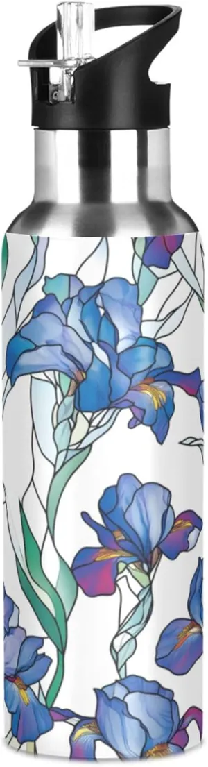 ALAZA Blue Irises Pattern Water Bottle with Straw Lid Vacuum Insulated Stainless Steel Thermo Flask Water Bottle 20oz